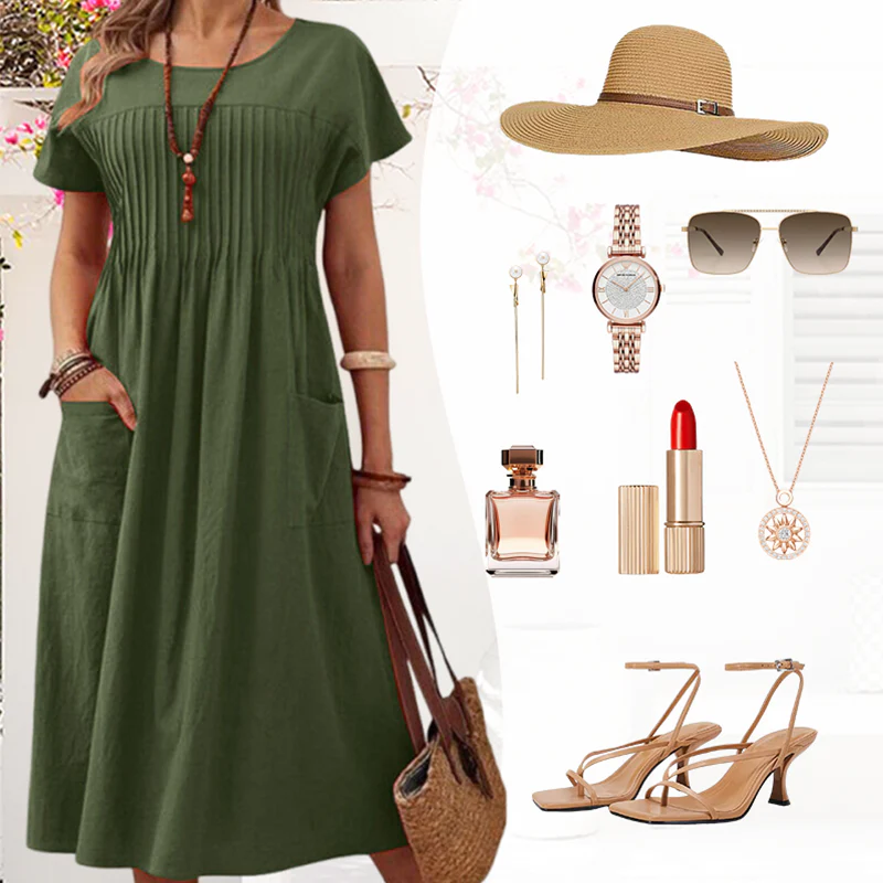 Robe mi-longue plissée à manches courtes avec poches