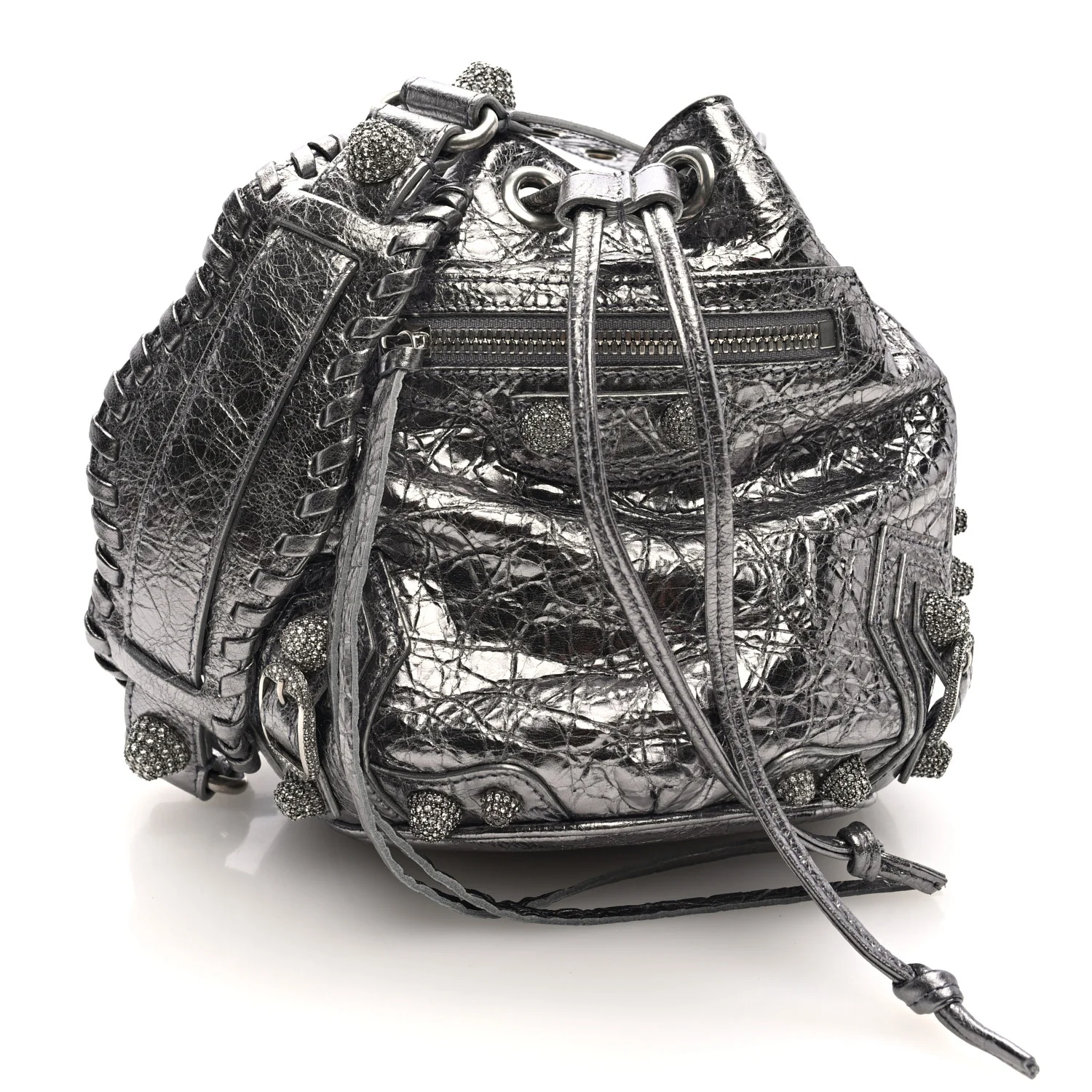 Metallic Agneau Arena Crystal Le Cagole Bucket Bag XS Silver
