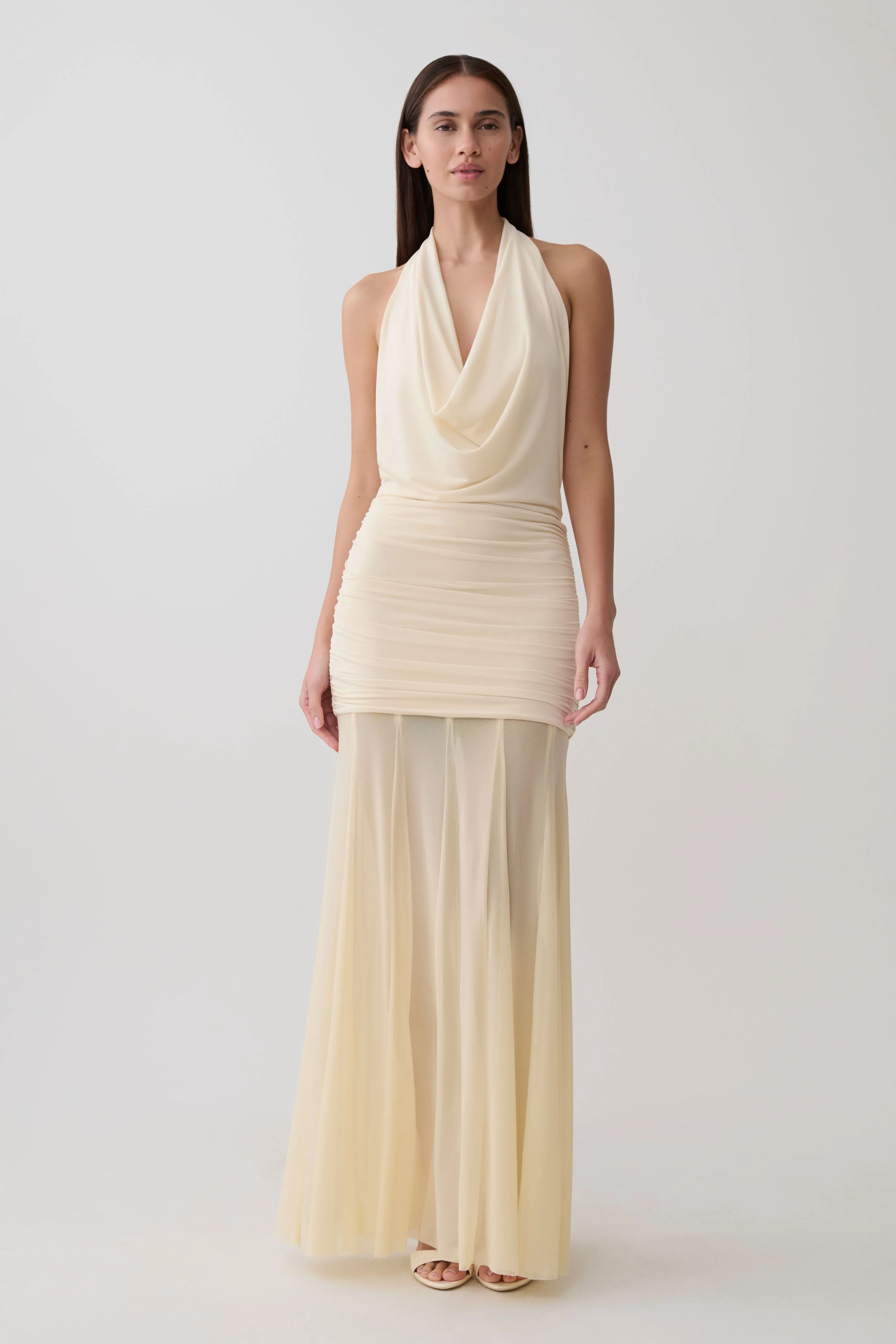 Jorja Draped Halter Slinky Maxi Dress - Ivory