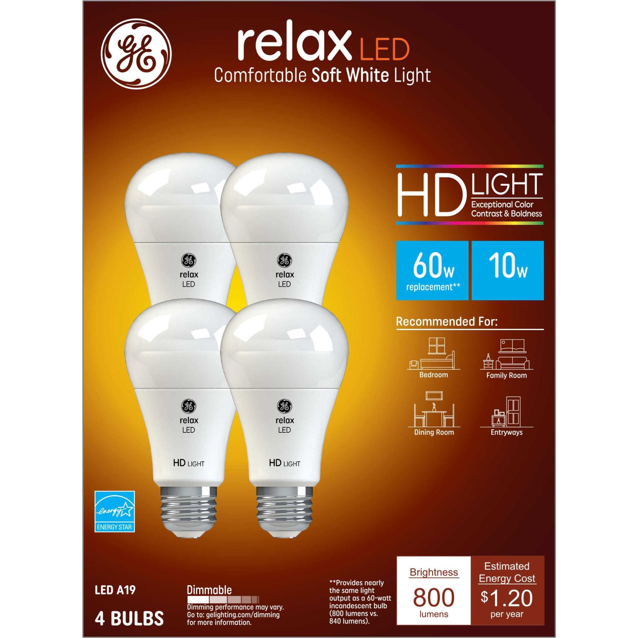 GE 4-Pack Relax LED 10.5W A19 Comfortable Soft White HD Light Bulbs