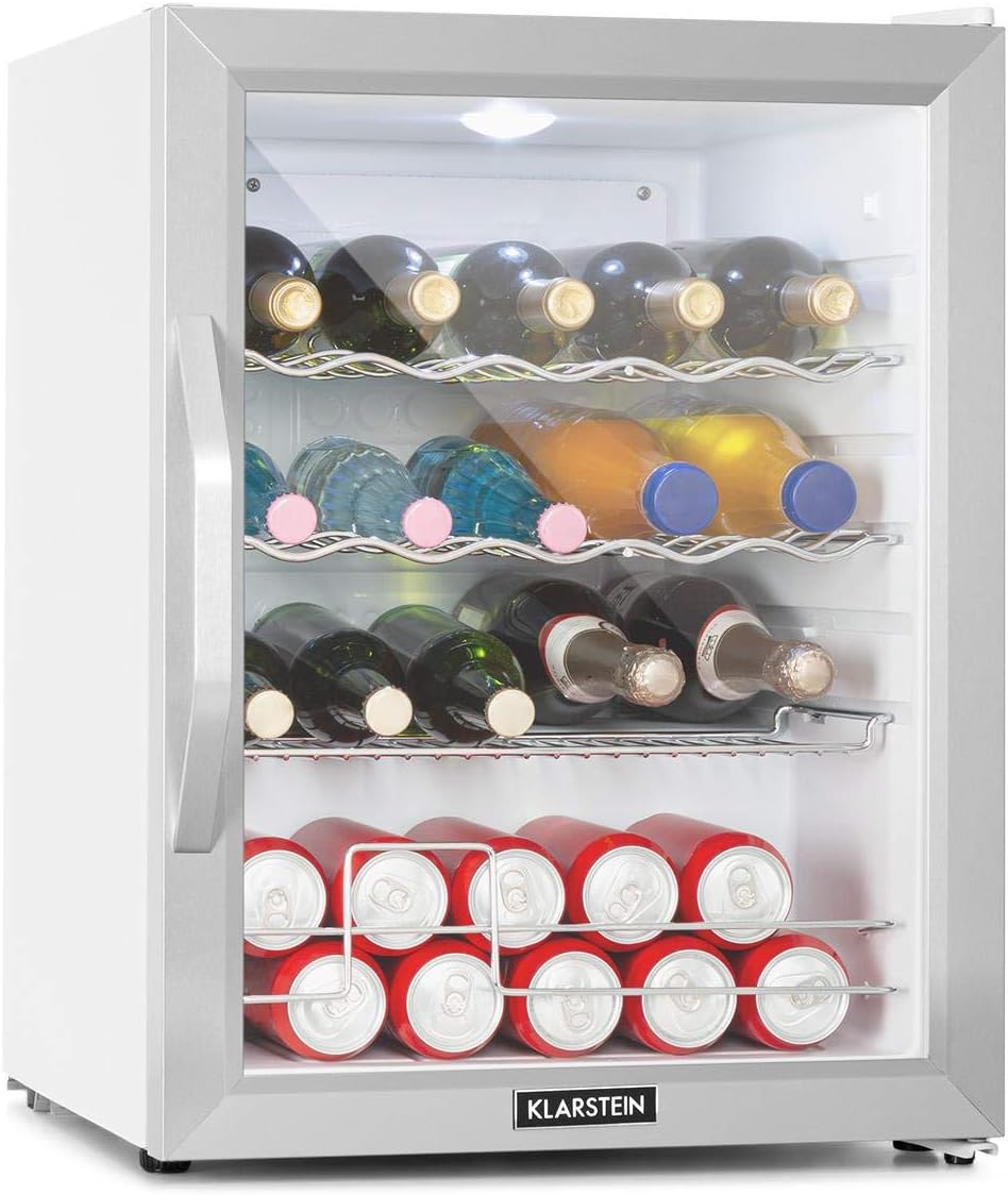 Klarstein Mini Koelkast met Glazen Deur voor Kamer, Drankenkoelkast met Verstelbare Planken, Klein 80 Liter, Indoor/Outdoor Koelkast Stil