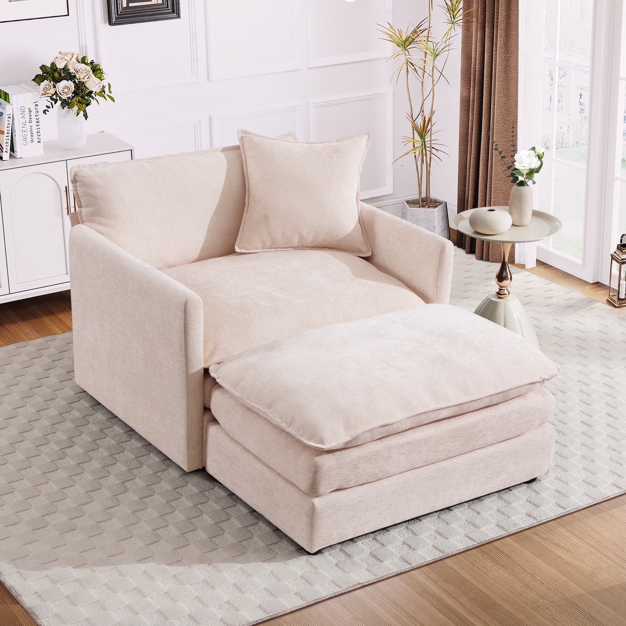 Oversized Lounge Chair with Ottoman, Cloud Accent Armchair for Living Room, Beige Chenille(Beige Chenille)