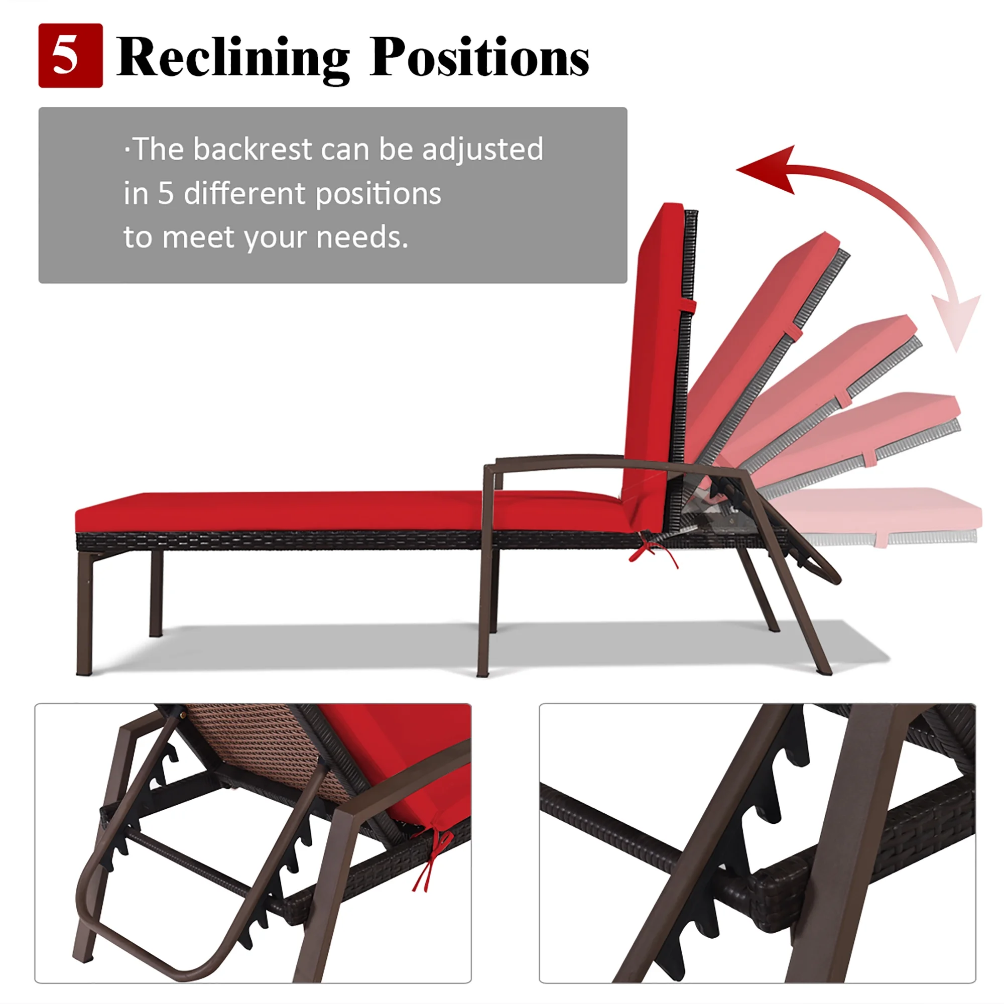 2PCS Patio Rattan Lounge Chair Chaise Recliner Back Adjustable Cushioned Red(Red) - Image 7