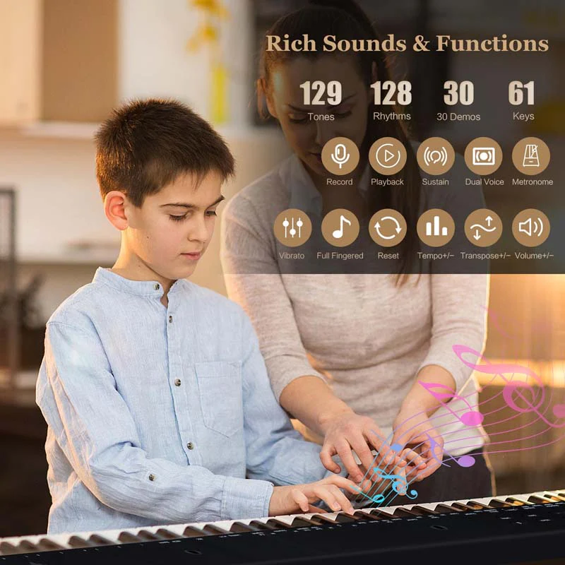 61-Key Semi-weighted Portable Electric Keyboard Piano, Complete Digital Piano Set with Stand, Stool, Case, Wireless MIDI & Sustain Pedal for Beginners