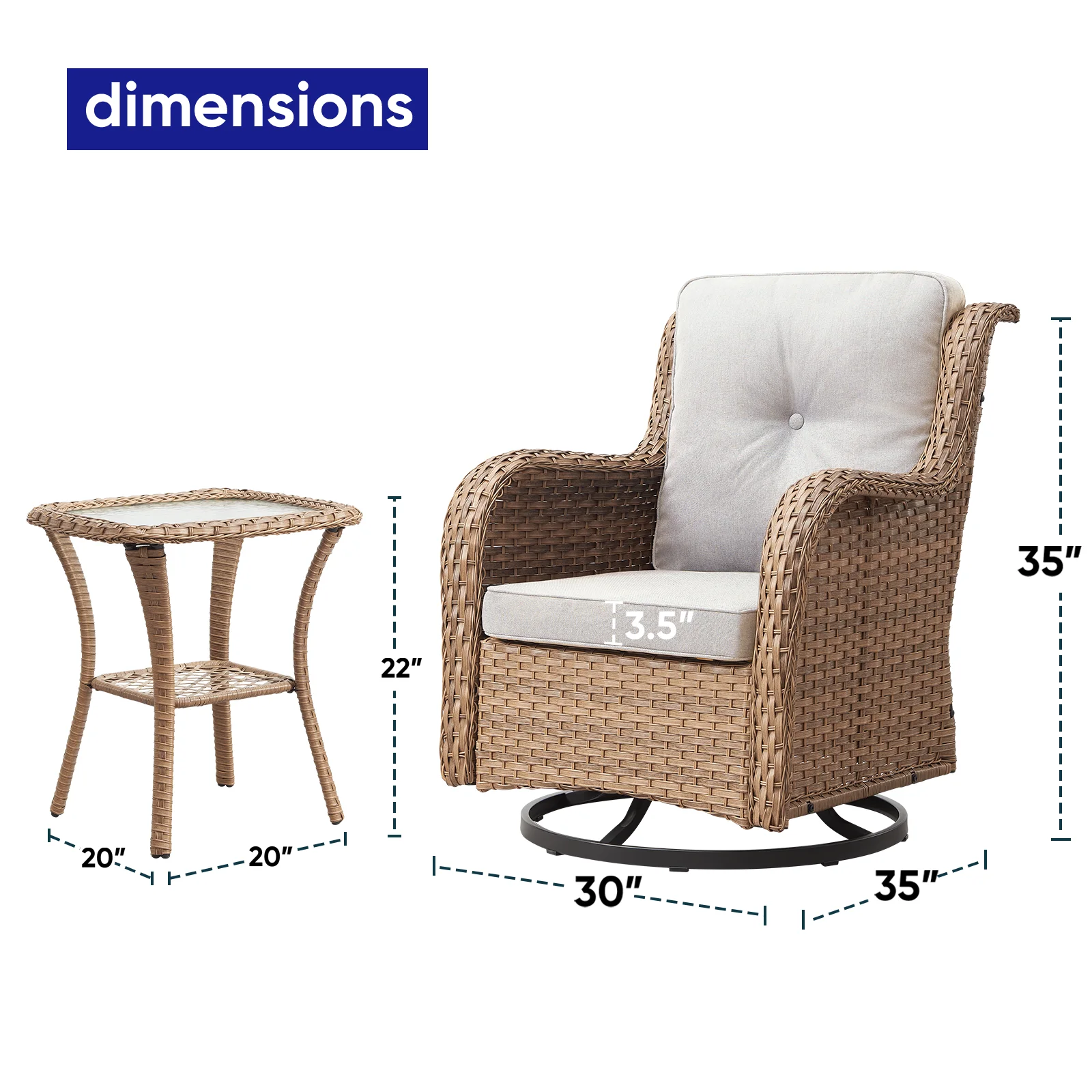 3 Piece Patio Set Outdoor Wicker Glider Rocking and Swivel Chairs with Cushions(Yellow/Beige) - Image 4