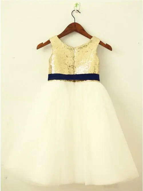 A-Line Round Neck Ivory Flower Girl Dress with Sequins Sash DMP23