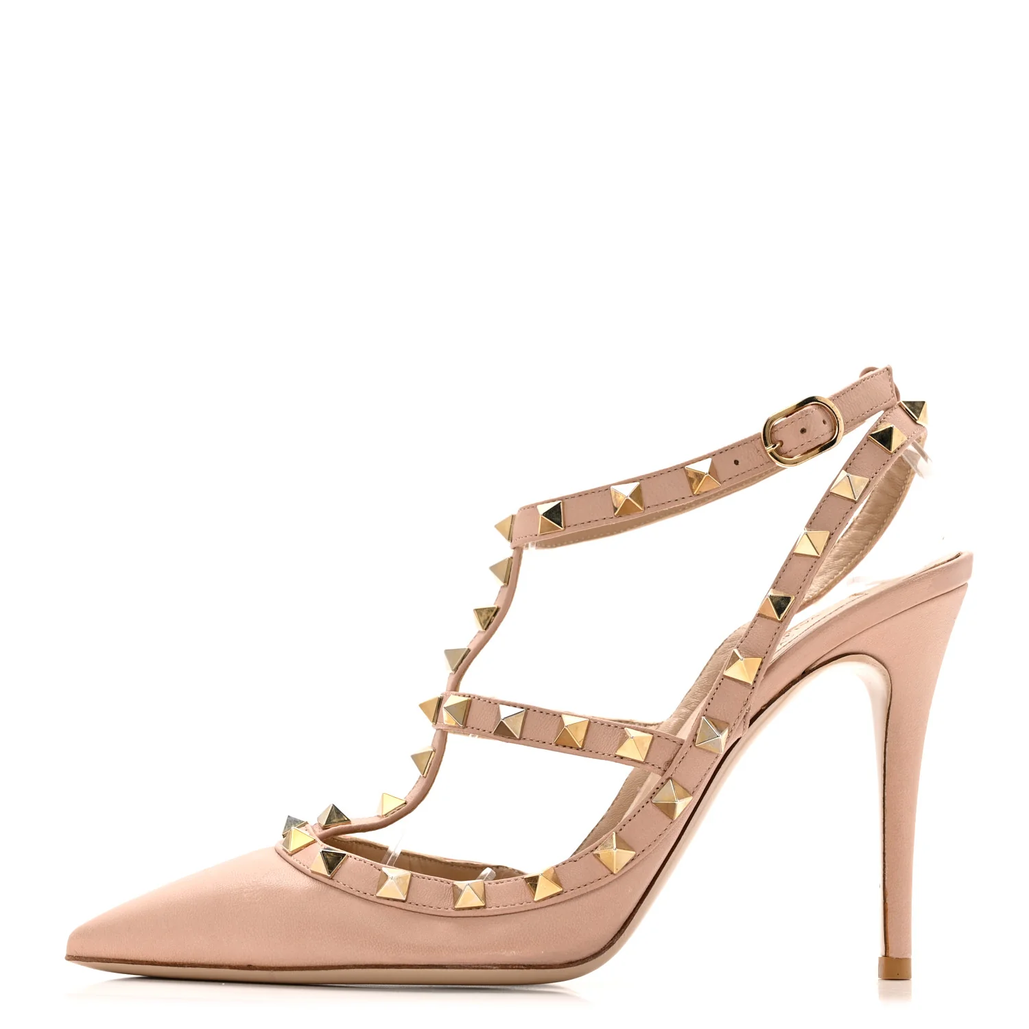 Calfskin Nappa Rockstud Ankle Strap Pumps 38.5 Poudre