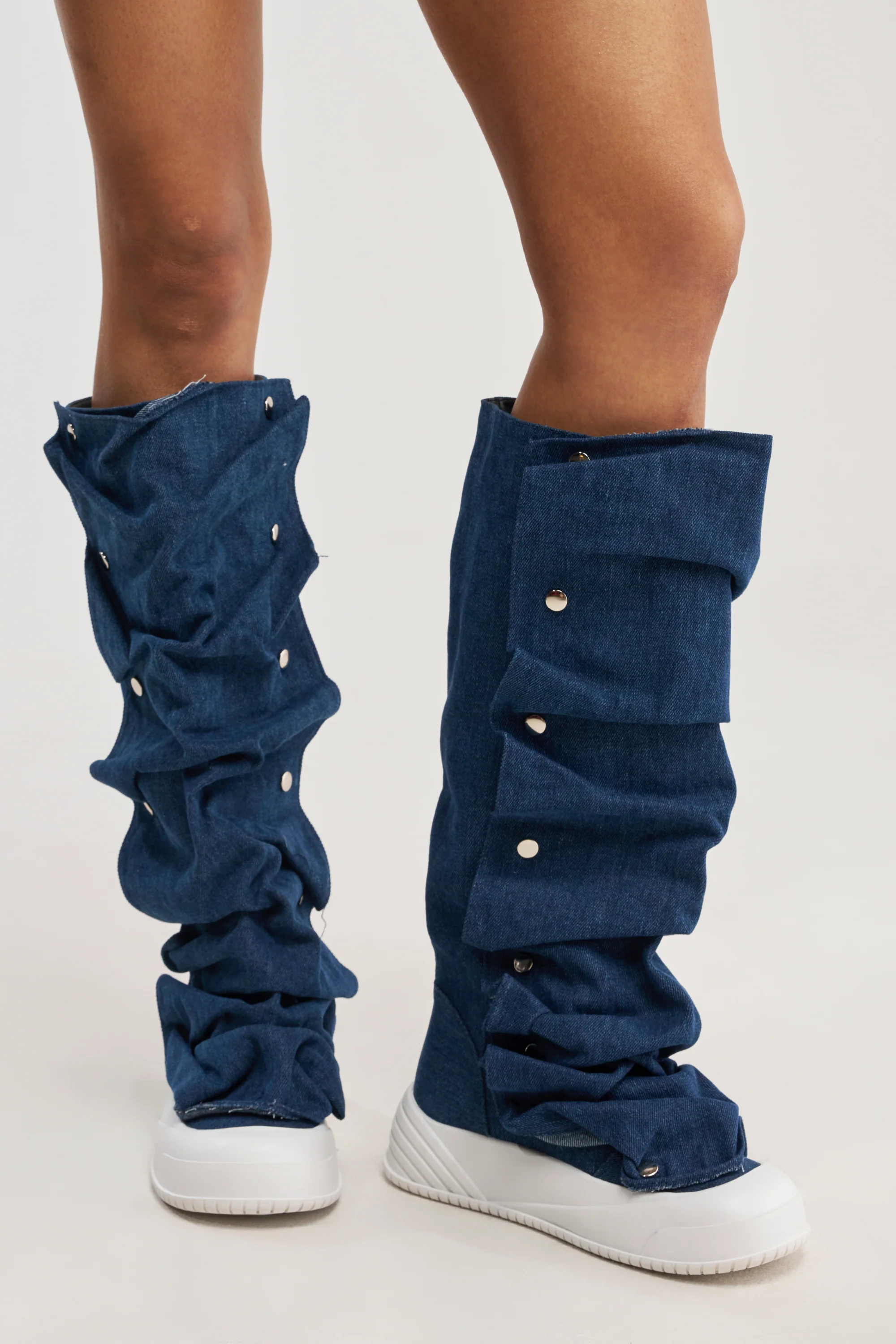 AKIRA GOLD ALIXY DENIM FLAT RUFFLE BOOT - Akira Store