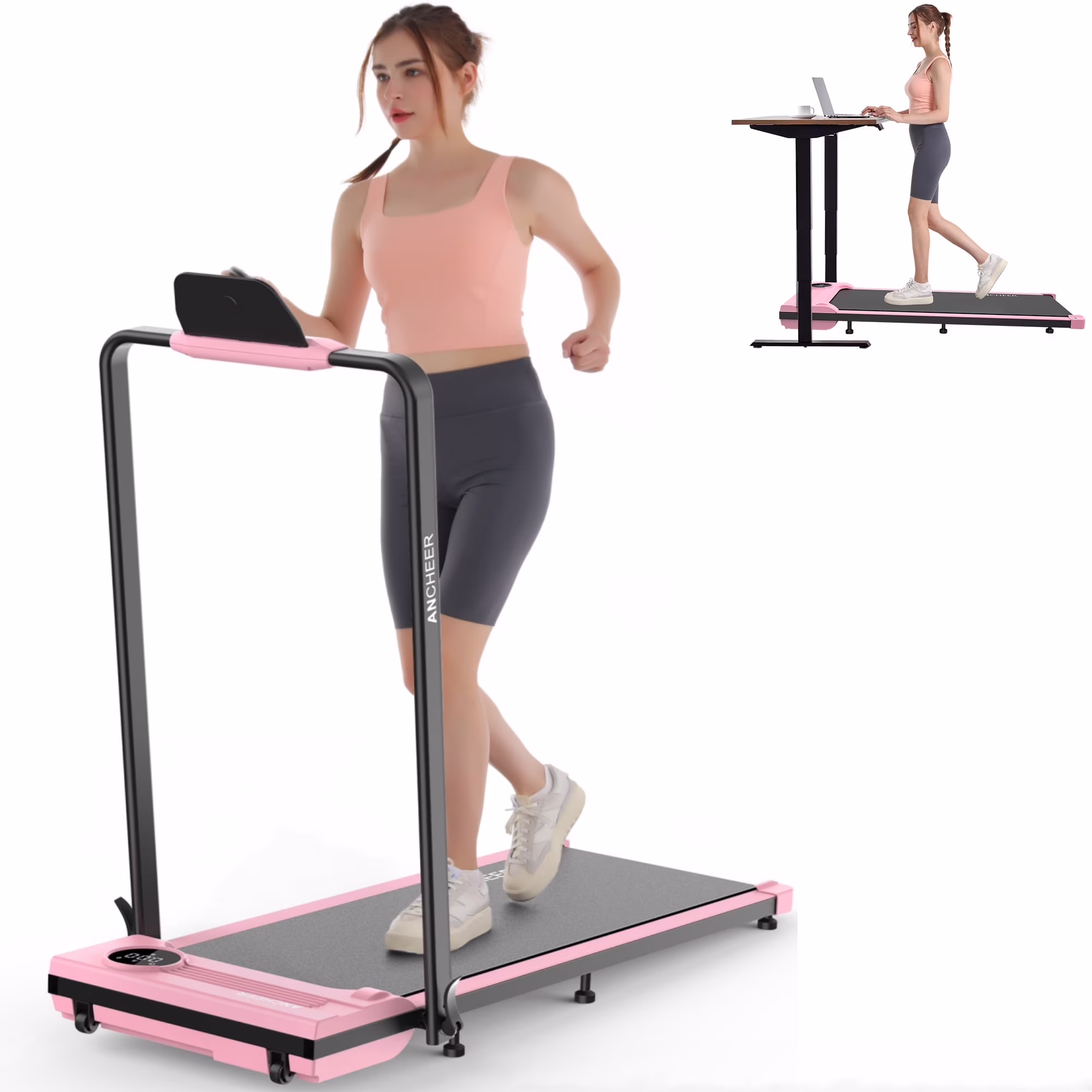 Portable Folding Walking Pad 300lb, 7.5 MPH Under Desk Treadmill with Remote Control LED Display,2 in 1 Walking Pad Treadmill for Home/Office/Exercise(Pink)(Pink)