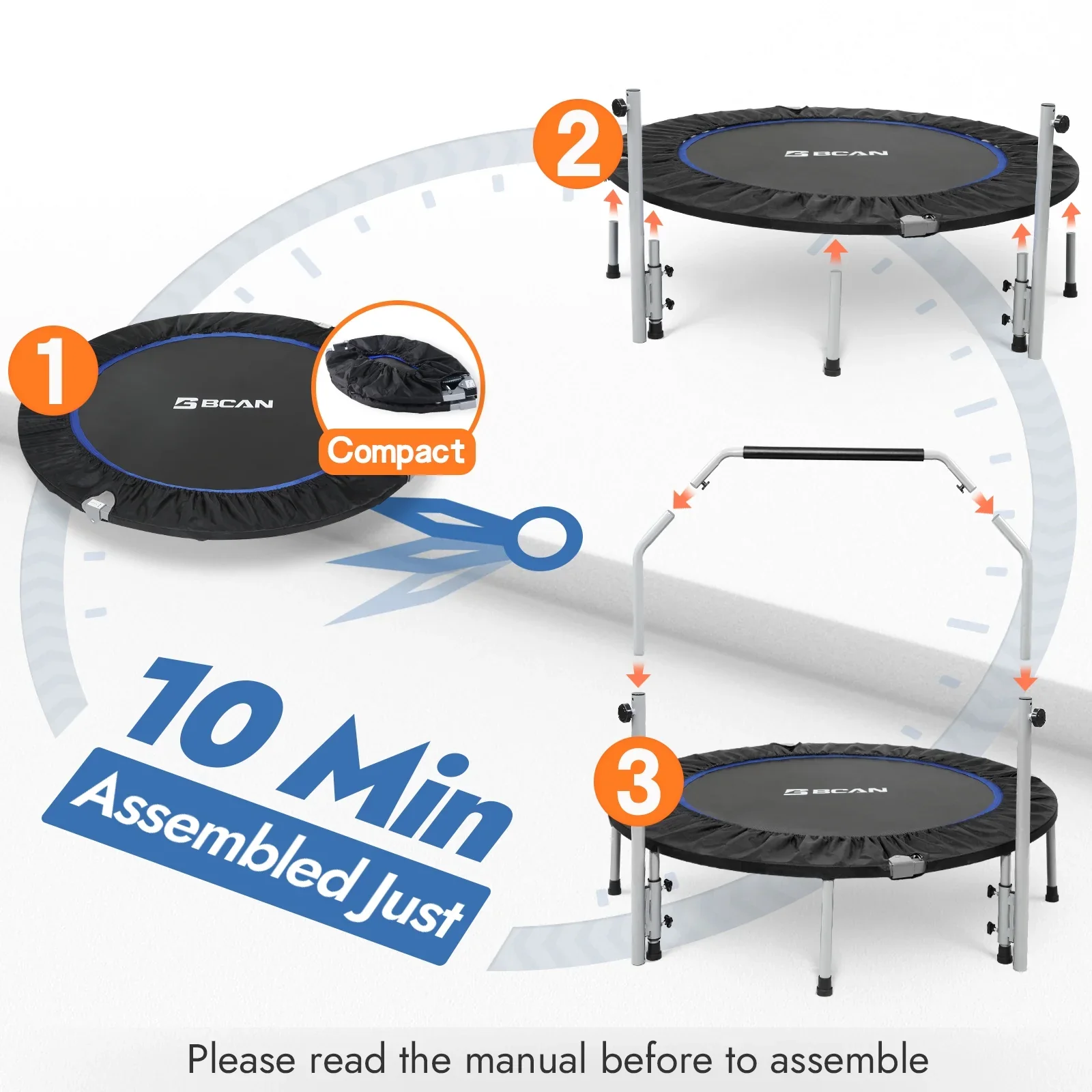 BCAN 40 Foldable Trampoline, Fitness Rebounder with Adjustable Foam Handle, Exercise Trampoline for Adults/kids Indoor/Garden Workout Max Load 330lbs