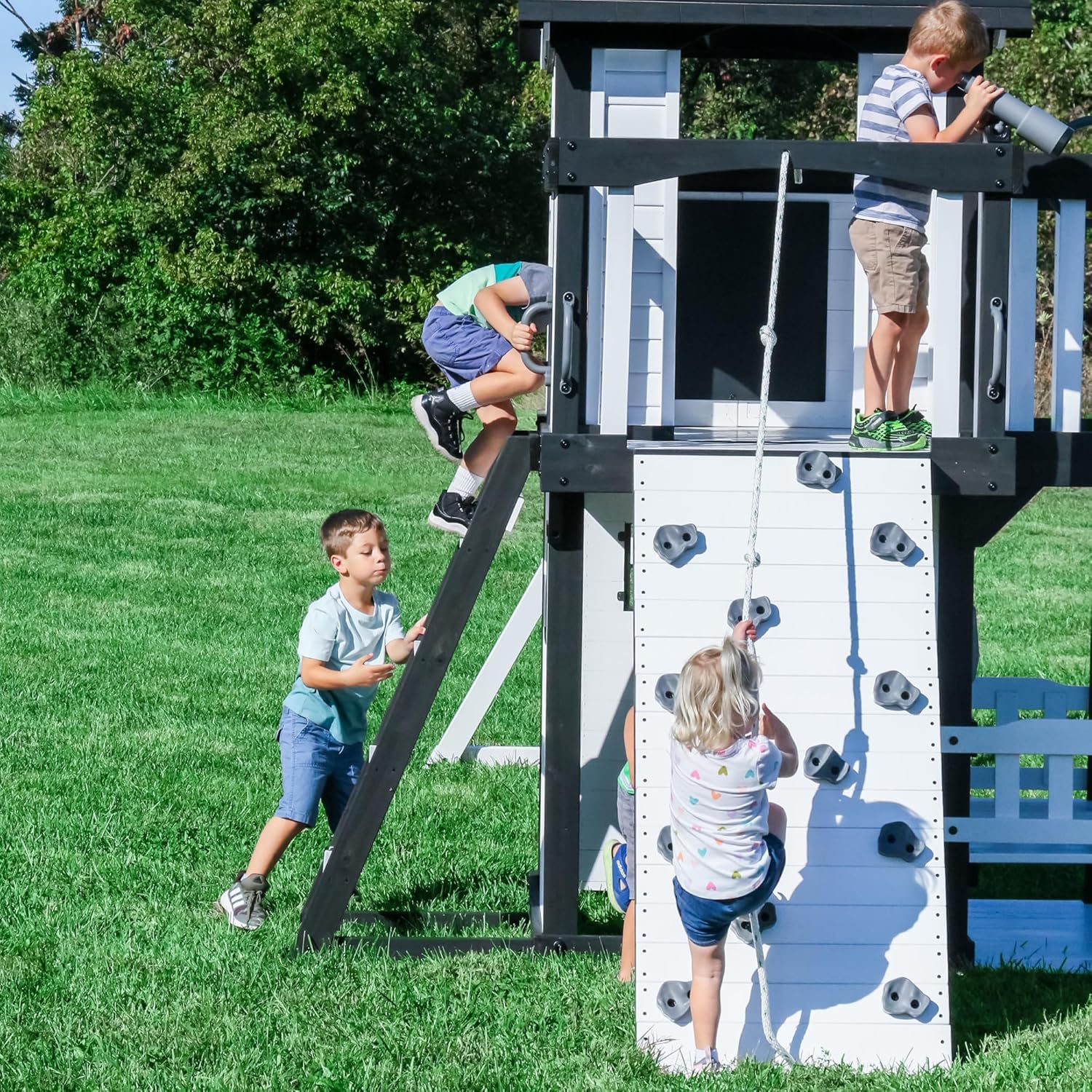 Canyon Creek Cedar Wood Swing Set with Wave Slide, Clubhouse, Play Kitchen, Picnic Area, Belt Swings, Web Swing, Rock Wall, Balconies,…