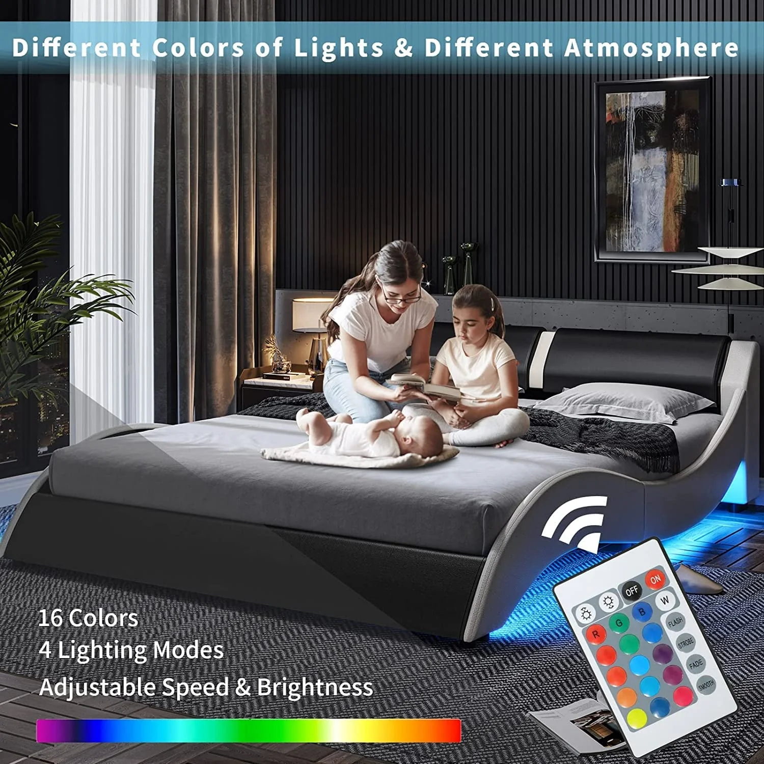 Queen Size Bed Frame with LED Lights,Modern Platform Bed Frame with Upholstered Headboard,Faux Leather Wave Like Low Profile Bed Frame,No Box Spring Needed,Black(Full Black) Image 4