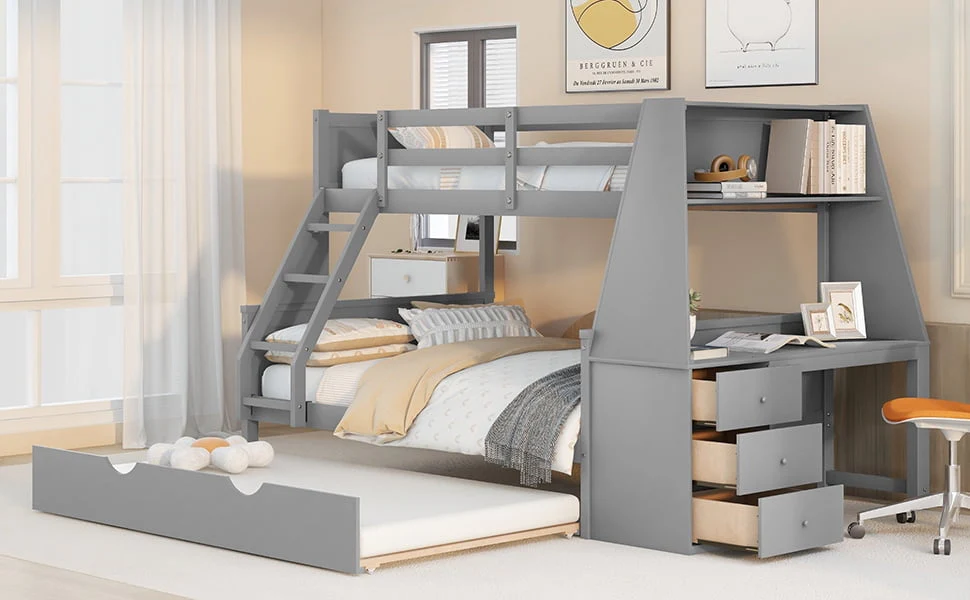 Twin over Full Bunk Bed with Trundle, Built-in Desk with Bookcase and 3 Drawers for Kids, Gray - Image 4