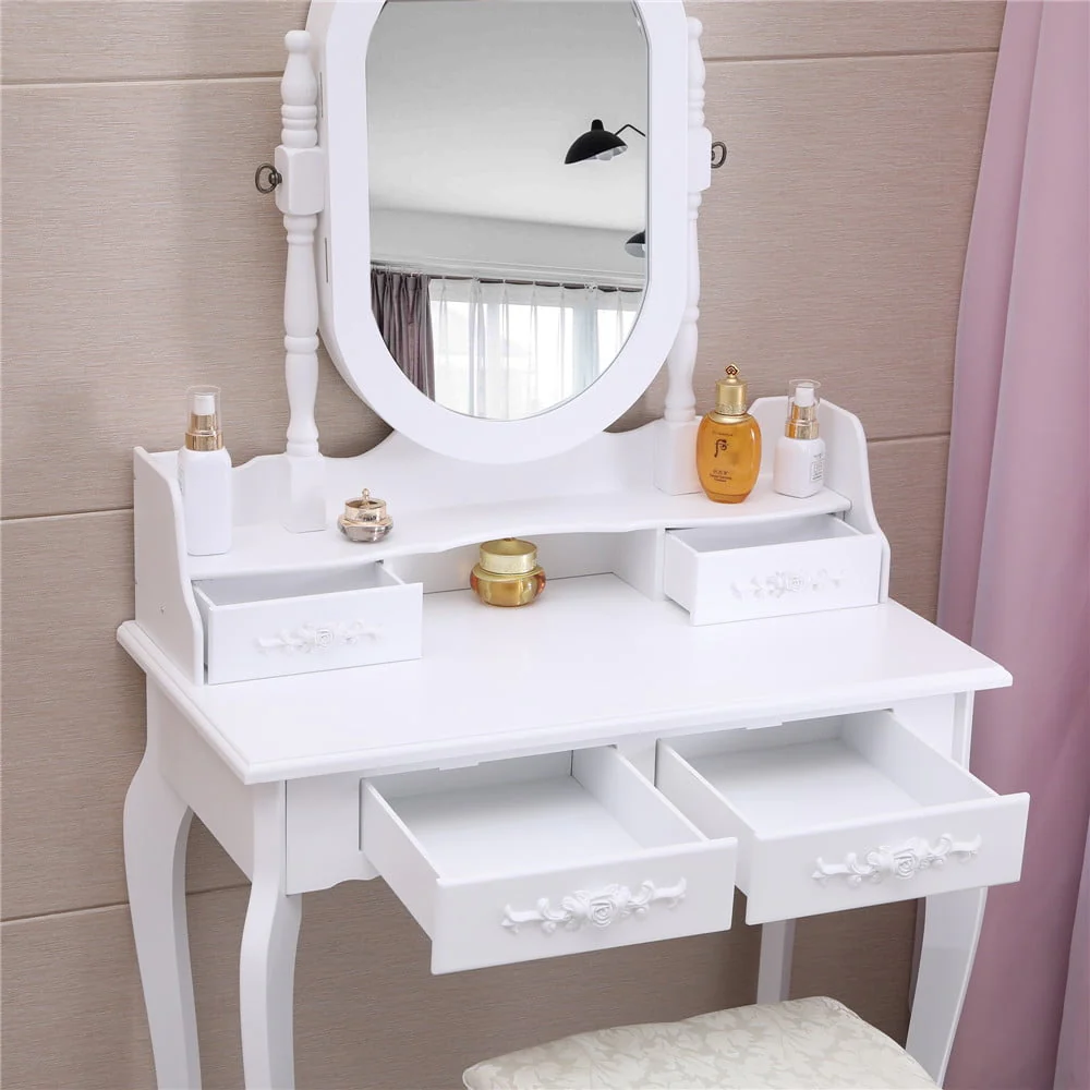 Vanity Jewelry Wooden Makeup Dressing Table Set W/Stool Mirror Cabinet 4 Drawer - Image 6