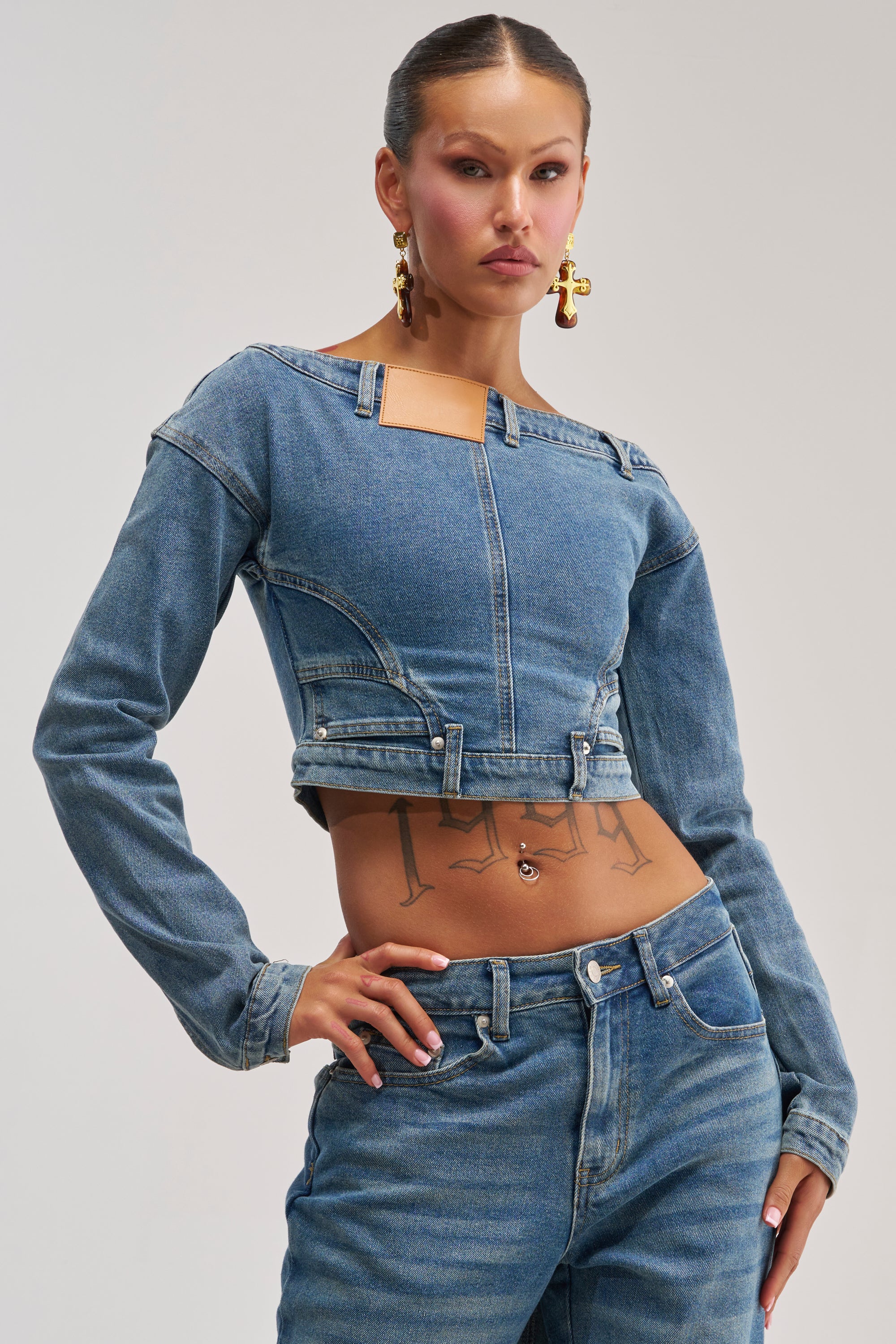 SHAKE IT OFF DENIM OFF THE SHOULDER TOP - Akira Store