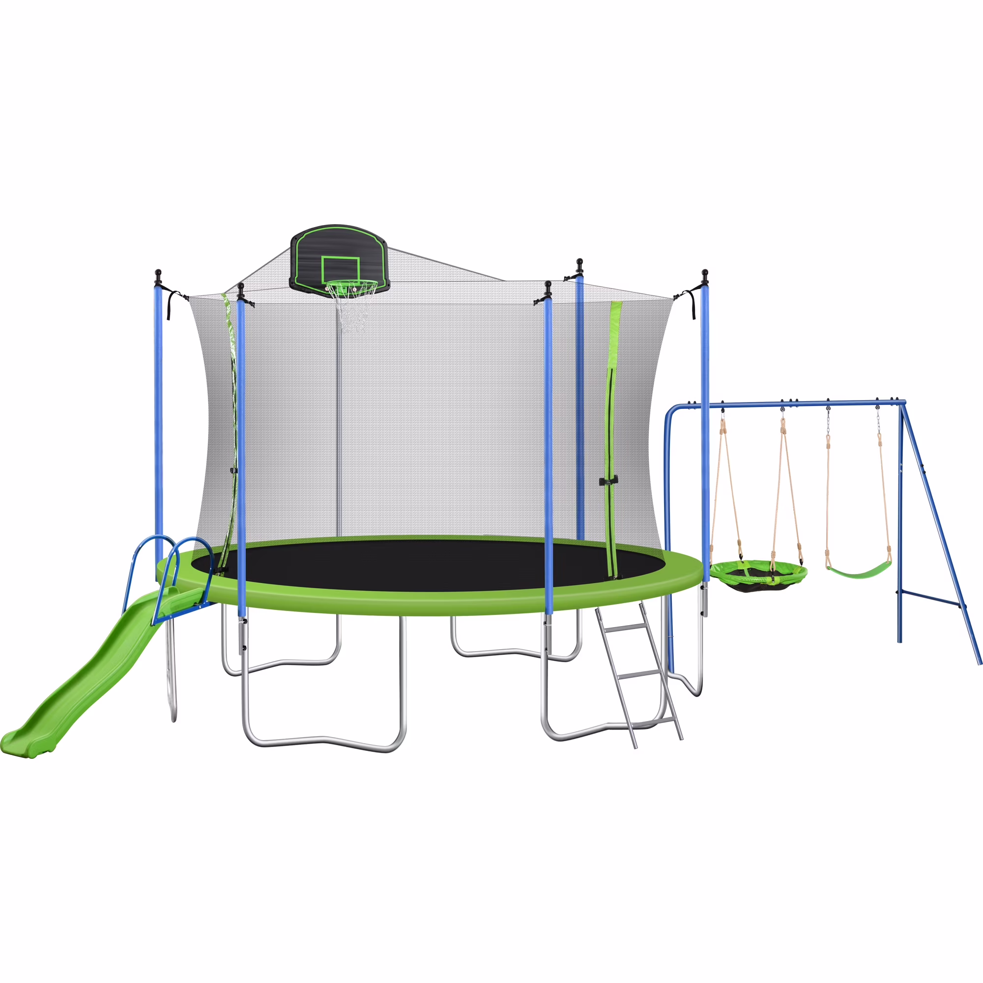 14-Feet Round Trampoline with Swing Slide Basketball Hoop, Outdoor Exercise Jumping Bouncer Trampoline with Safety Enclosure Net and Ladder for Kids Teens Adults, Green(14')