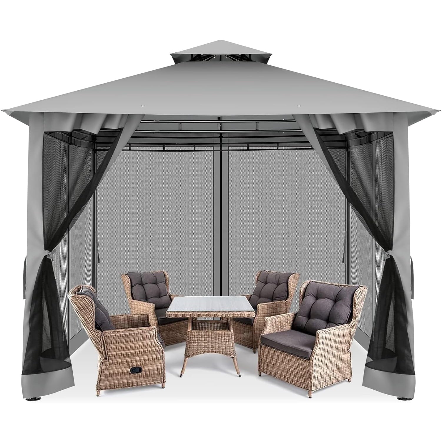 SANOPY 10'x10' Canopy Gazebo, Assembled Style Wrought Iron Gazebo Tent Can Accommodate 6-10 People with 4 Detachable Mosquito Net Side Walls for Garden, Yard, Beach