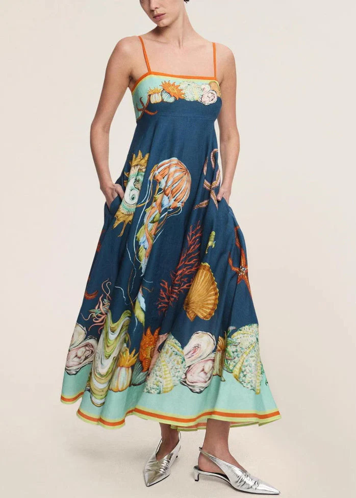 Sophie Paris I Robe sans manches en lin avec bretelles fines et imprimé Marine italienne