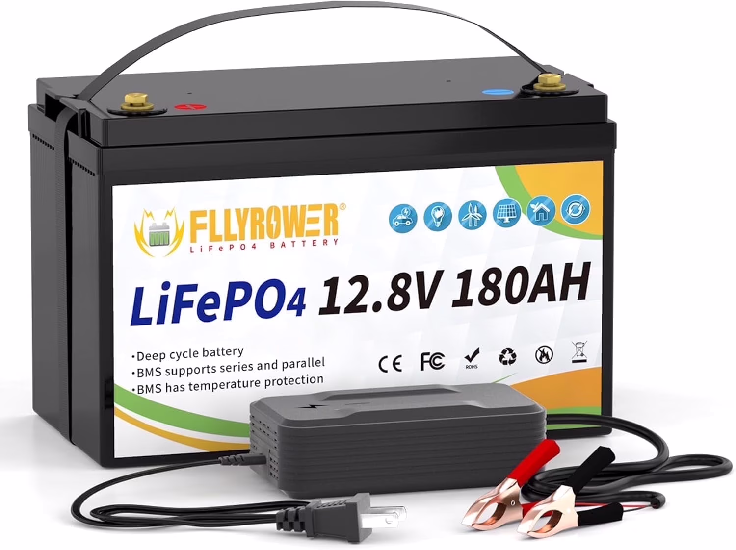 12V 180Ah LiFePO4 Battery with Charger,for Trolling Motor RV Marine Solar Camping off-Grid Boat,15000+Deep Cycles Batteries