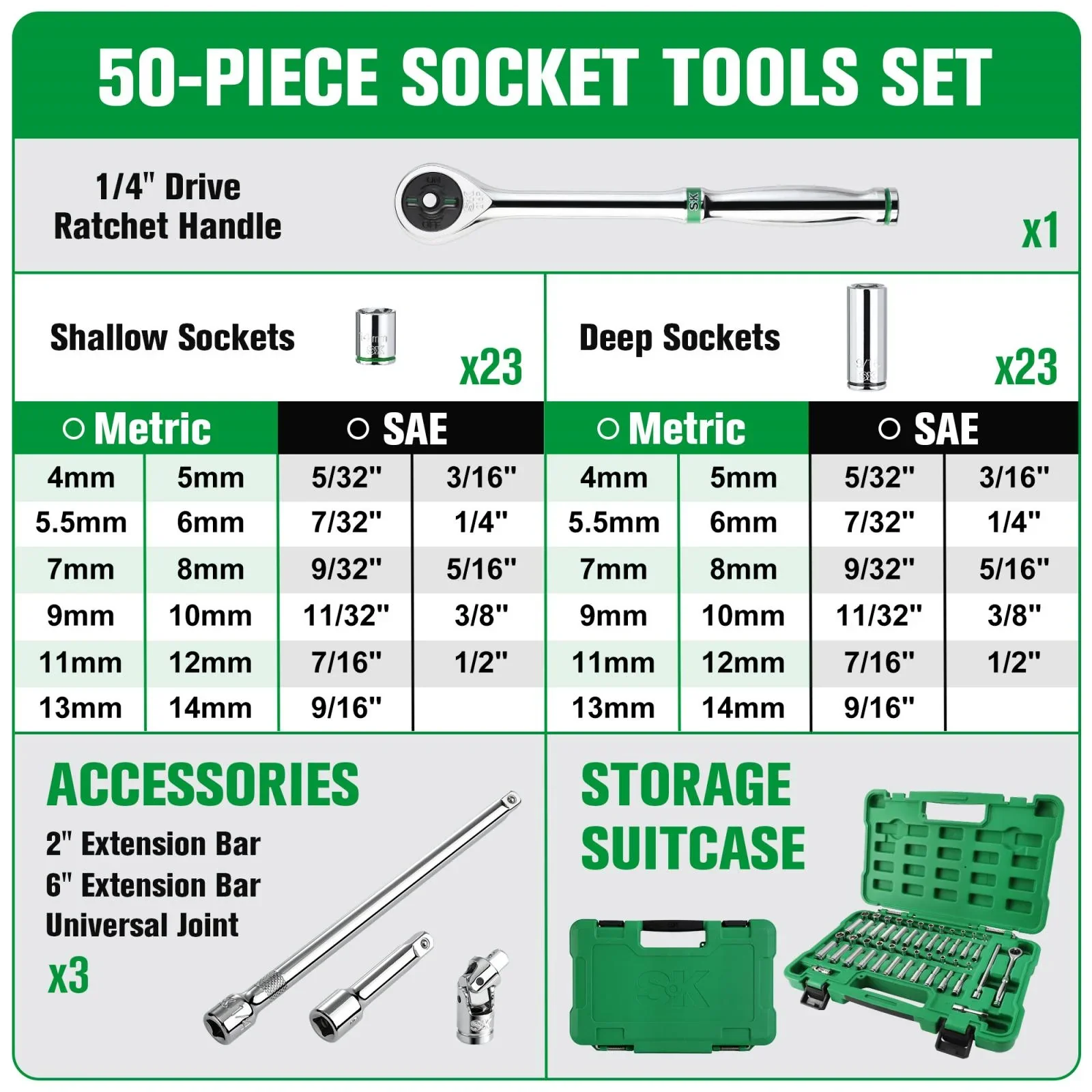 SK Hand Tools SK01354 50 Piece 1/4 160P Mechanic Tool Set