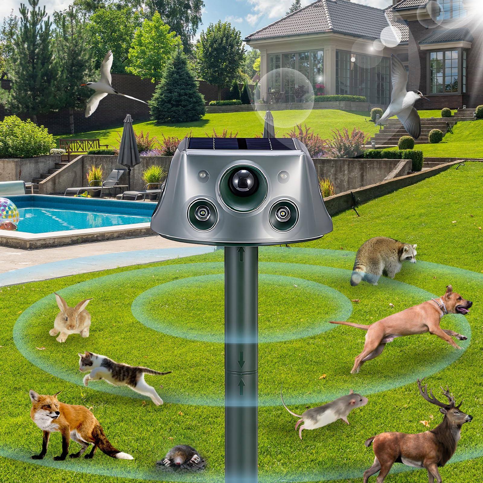Ultrasonic Solar Animal Repeller for Yard, 6 Modes Outdoor Cat Repellent Squirrel Repellent with Motion Sensor & Flashing Light, Animals Deterrent