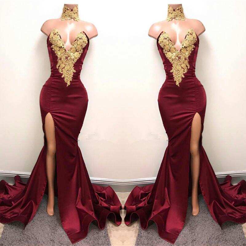 Elegant Burgundy Mermaid Appliques High Neck Split Sexy Prom Dress DMA83