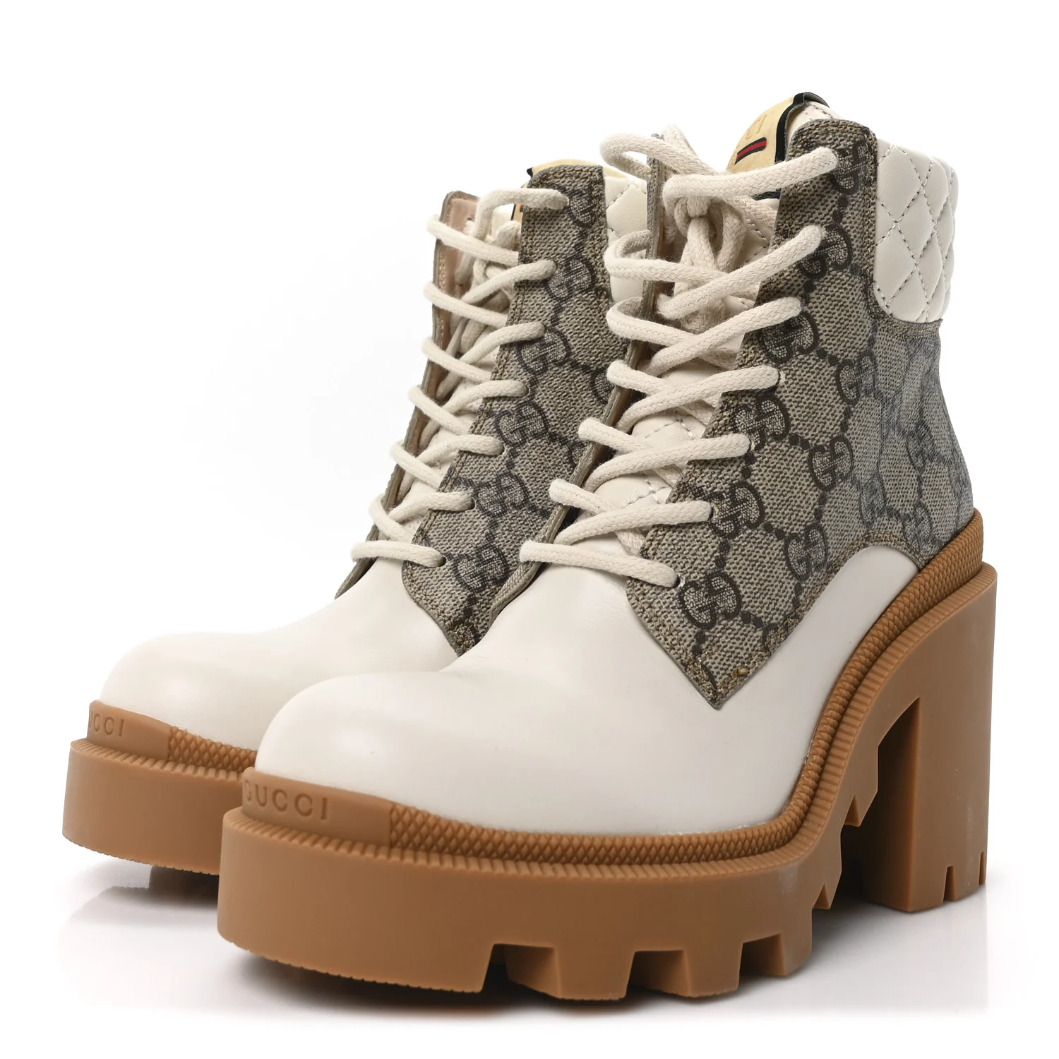 Calfskin GG Supreme Monogram Nappa Quilted Lace Up Ankle Boots 35 Mystic White Beige