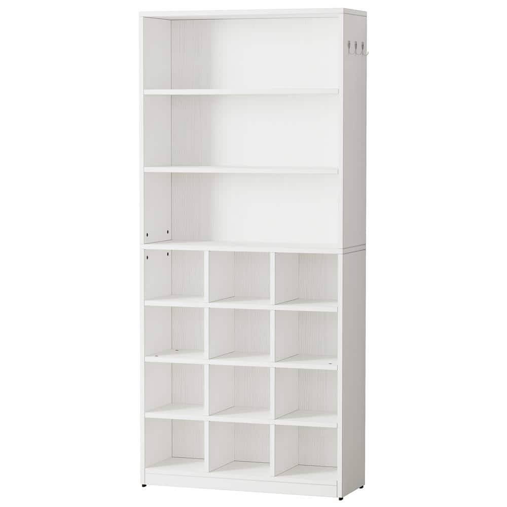 Lauren White Shoe Cabinet with Side Hooks 24 Pair Freestanding Shoe Rack Storage Organizer for Hallway Closet Entryway