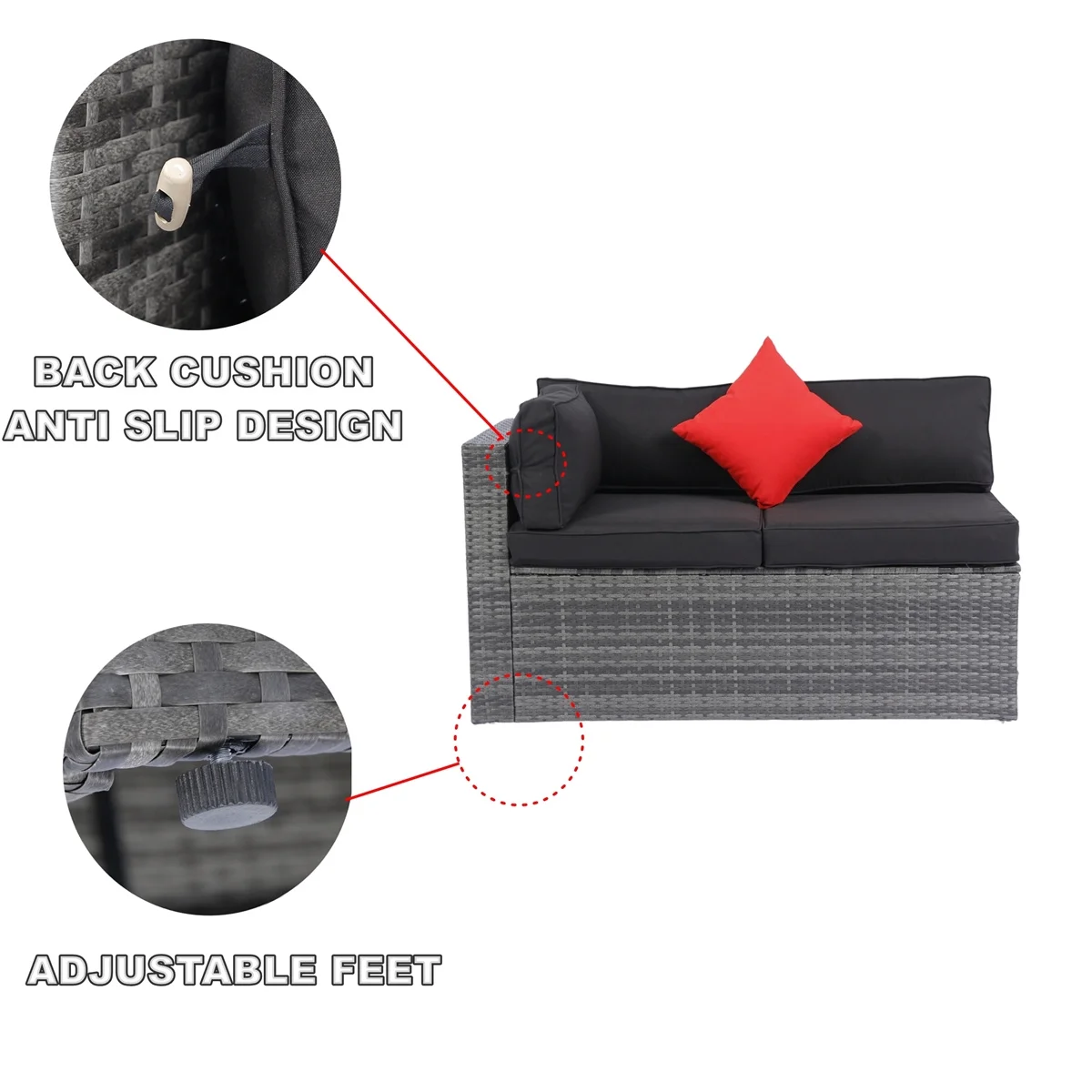 7 Piece Patio Furniture Sets Outdoor Sectional PE Rattan Outdoor Furniture Patio Conversation Set with Cushions and Glass Coffee Table, for Balcony Lawn and Garden, Gray(7pcs#Gray) - Image 8