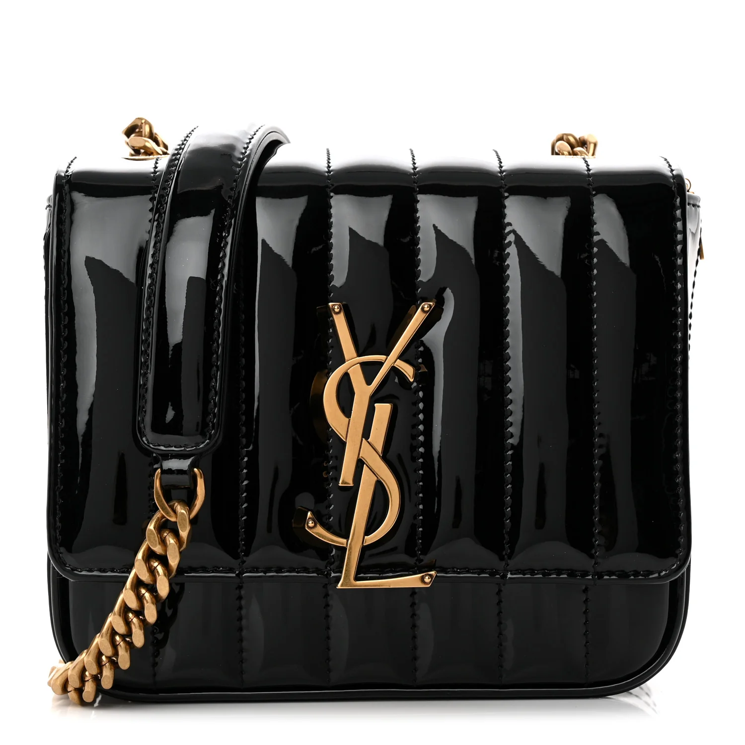 Patent Calfskin Matelasse Monogram Small Vicky Chain Bag Black