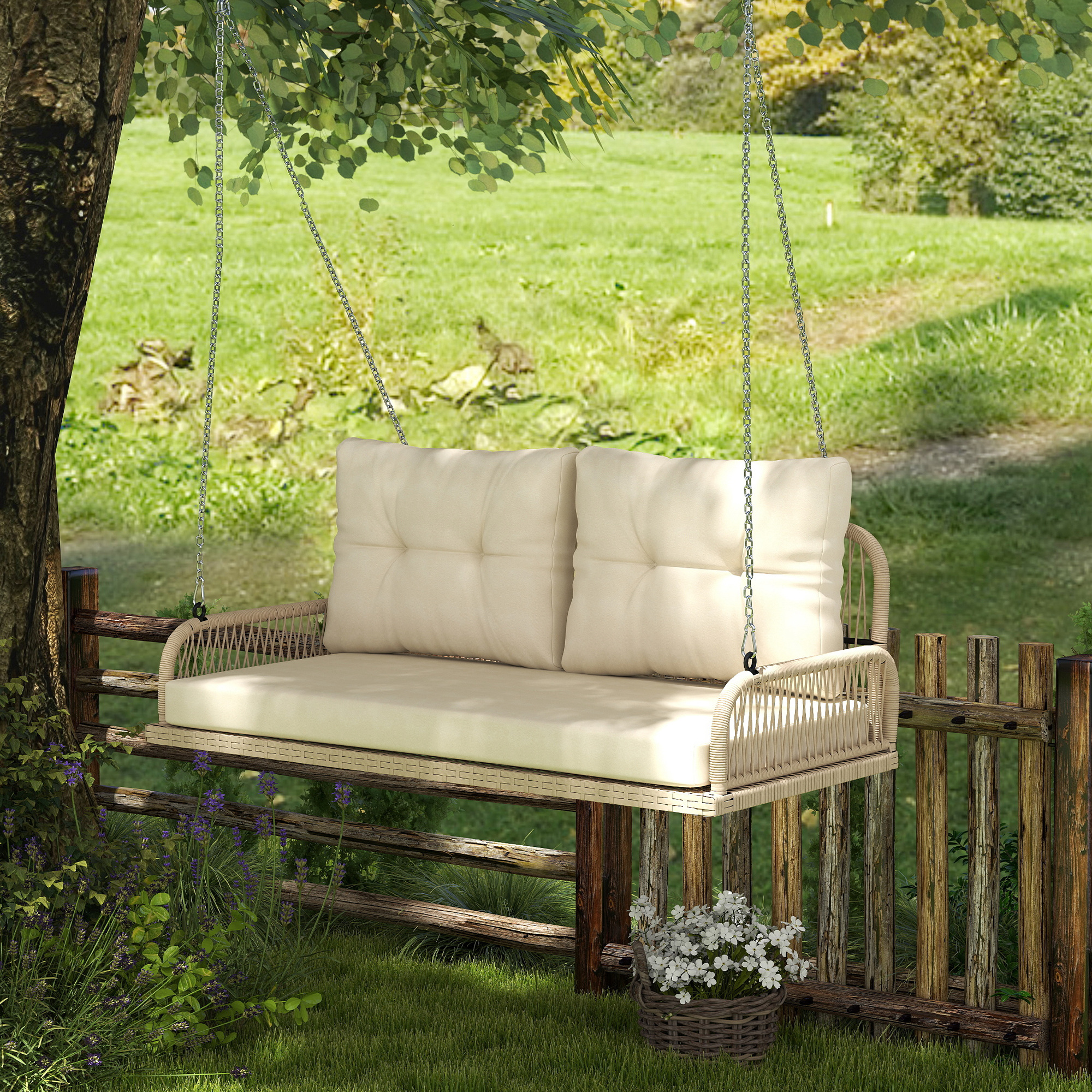 Outsunny Hollywoodschommel 2-Zits Rattan Tuinschommel met Kussens Ketens Tot 240 kg 115 x 66 x 44 cm Beige