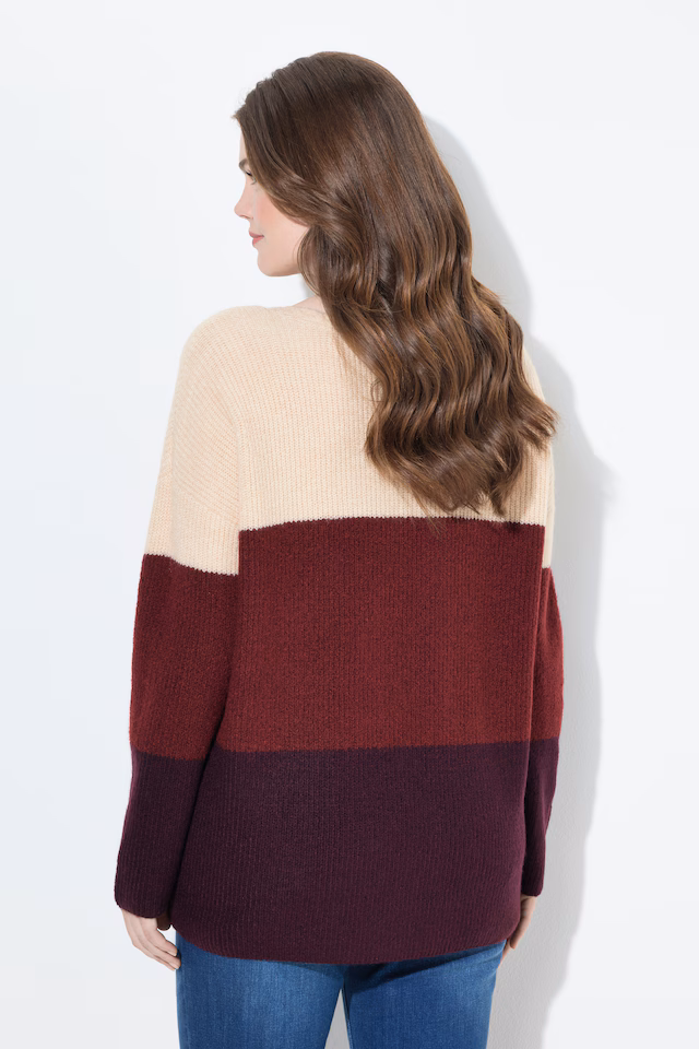 Cable Knit Block Stripe V-Neck Sweater