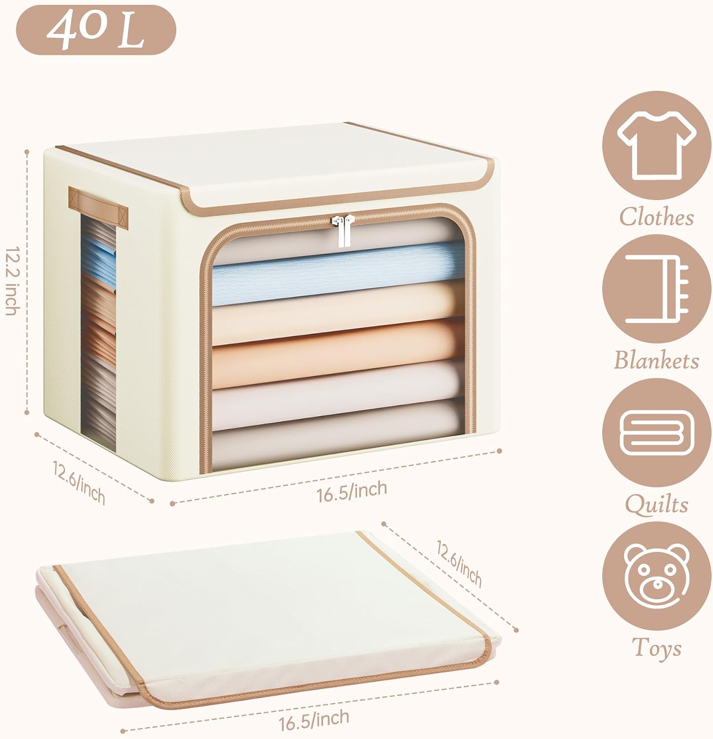 Yecaye Clothes Storage Bins with Lids & Clear Window, Beige, 40L, 3 Pack