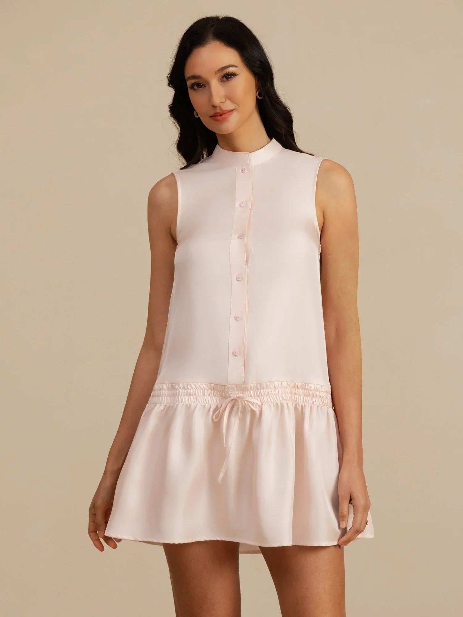 Pure Silk Sleeveless Short Dress With Adjustable Drawstring Drop Waist