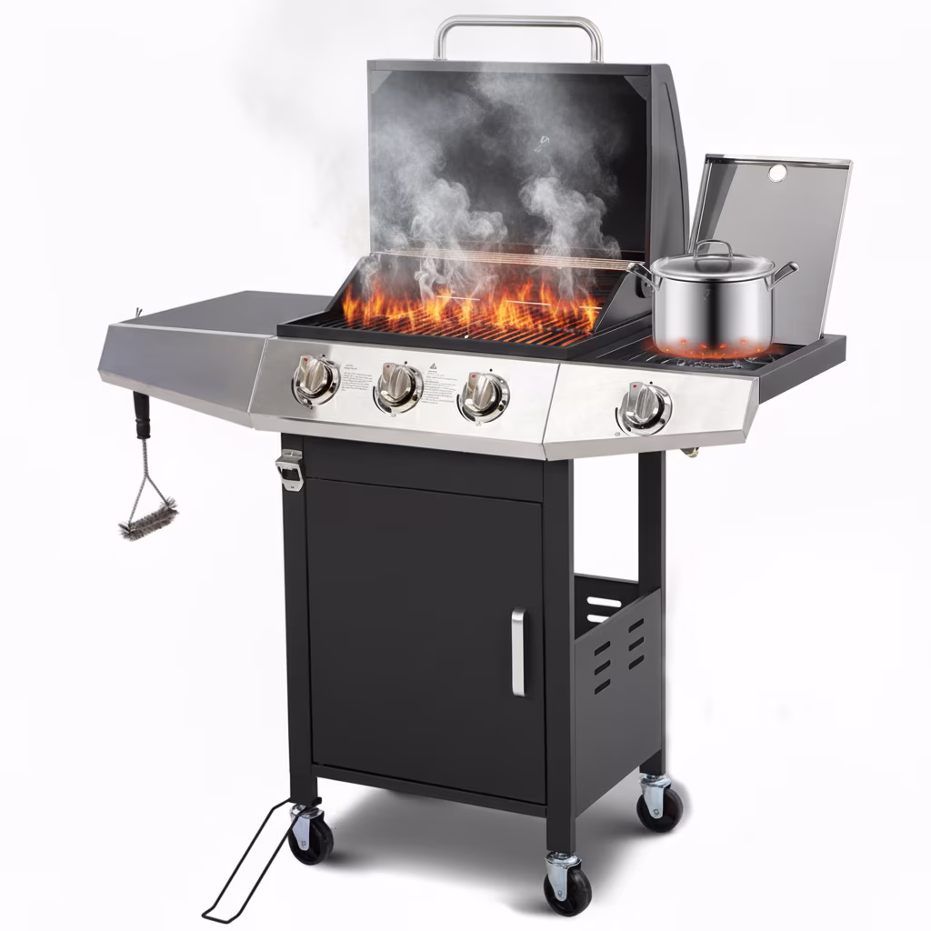 3 Burner Propane Gas Grill, 40,000BTU Stainless Steel BBQ Grill with Brush, Built-in Thermometer, 4 Universal Wheels for Outdoor Cooking Patio Backyard(40010)