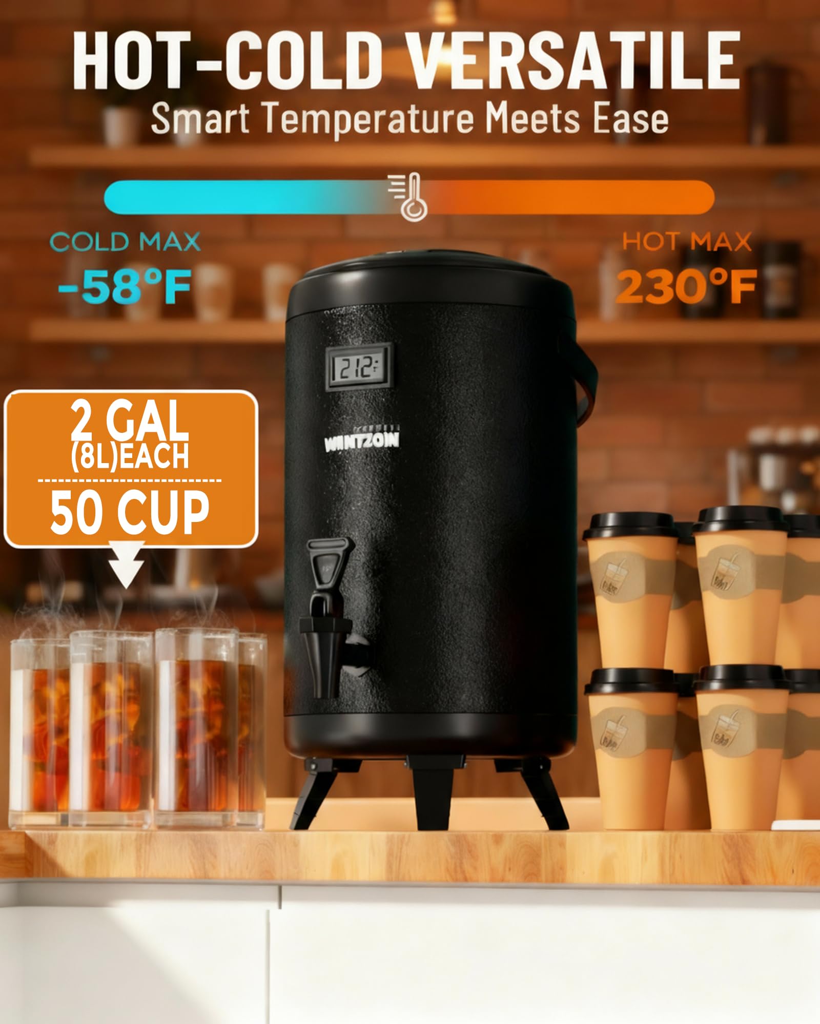 Insulated Beverage Dispenser - Thermal 8L/2Gal Stainless Steel Hot & Cold Drink Dispenser with Spigot for Tea, Coffee, Milk, Water & Juice (Black)