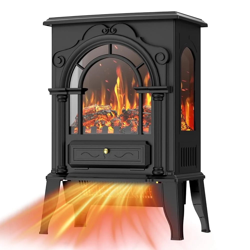 BREEZEHEAT Electric Fireplace Stove-Freestanding Fireplace Heater w/ 3D Flame, Thermostat Control, 1500W/1000W Quiet Heating, Portable Fireplace for Indoor Use, Overheating Protection, Black, 22 inch