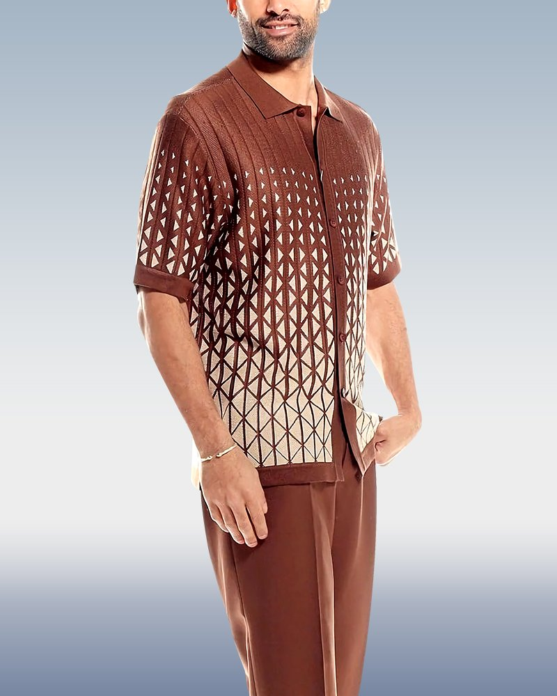 Ensemble de marche à motif croisé de café, manches courtes