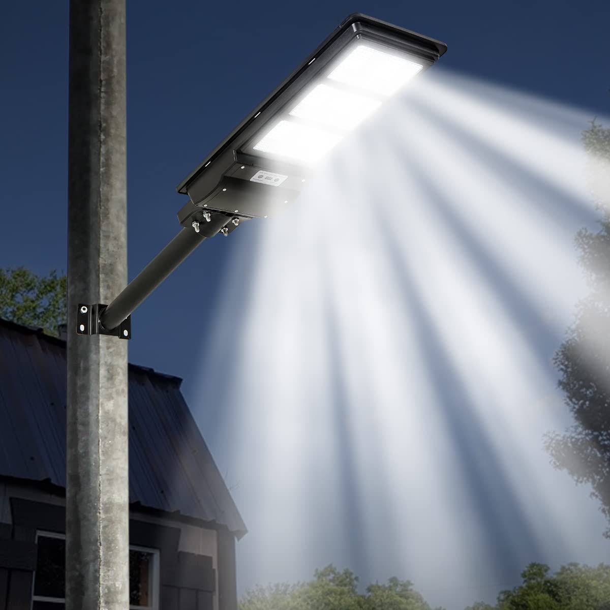 DHrtara Solar Outdoor Lights, 600W LED Street Lights, IP67 Waterproof Security Flood Light, Dusk to Dawn with Motion Sensor & Remote Control for