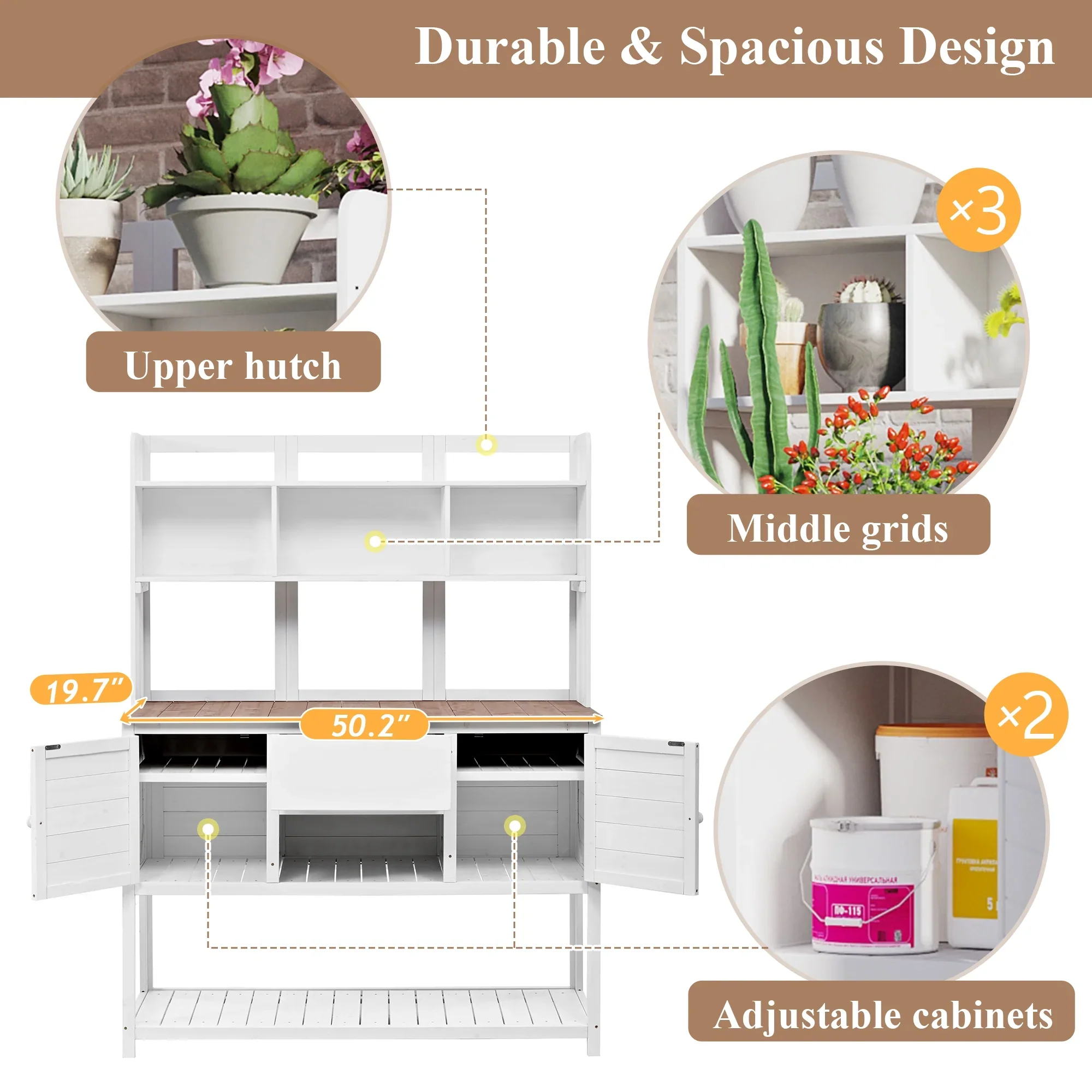 Euroco Solid Fir Wood Potting Bench Garden Workstation with Hutch, Drawer & Adjustable Shelves, 50.2 x 19.7 x 66.1 Outdoor Garden Work Table for Backyard Planting