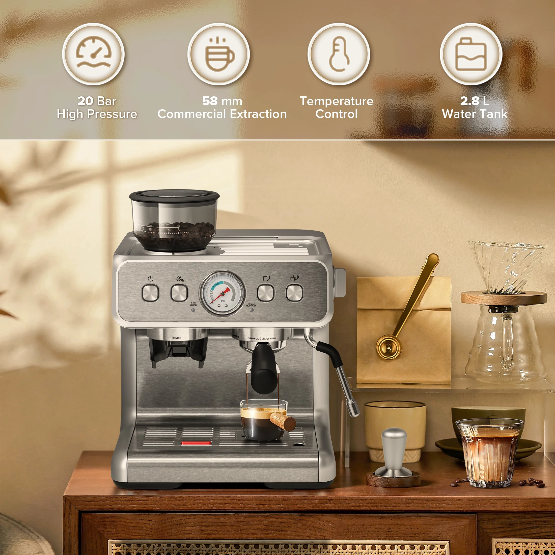 20 Bar Automatic Espresso Coffee Maker with Grinder and Milk Frother Steam Wand, Drip Hot Coffee, 12 Cups, Espresso/Cappuccino/Latte/Mocha for Home, Stainless Steel - Image 3