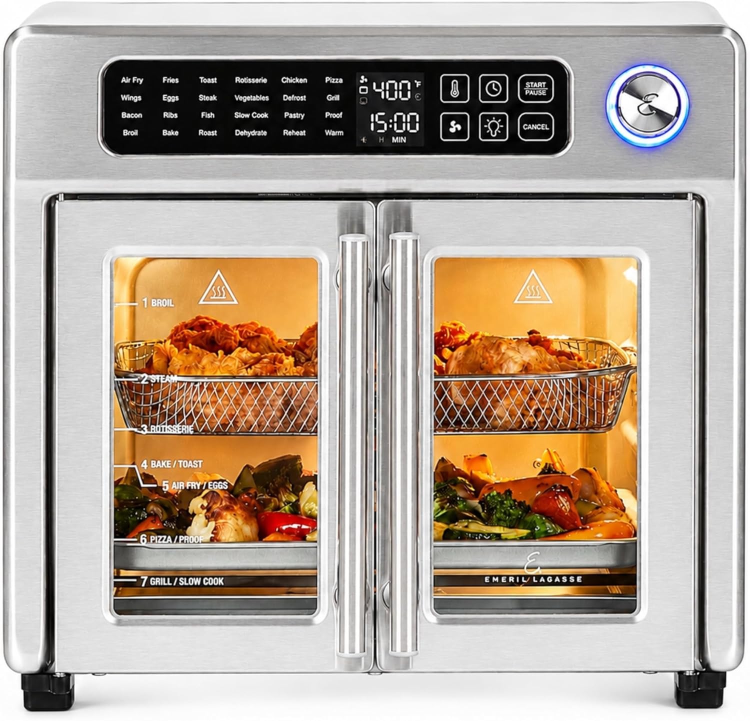 Emeril Lagasse 26QT French Door Multi-Function Air Fryer Toaster Oven| 26QT air fryer oven with French doors, 24 cooking functions, dual-speed fan and rotisserie for easy family meals