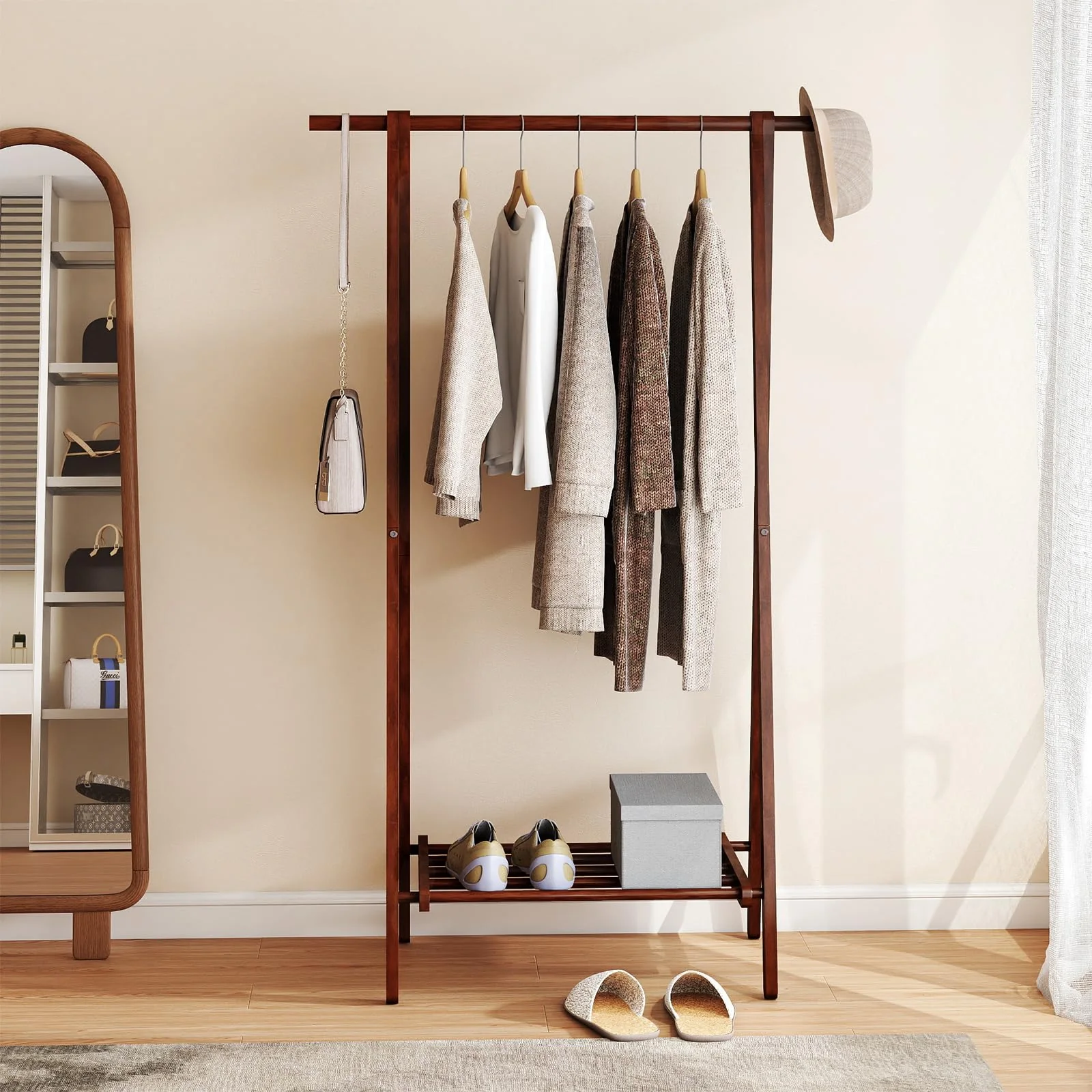 Tangkula Folding Rubber Wood Clothes Hanging Rack