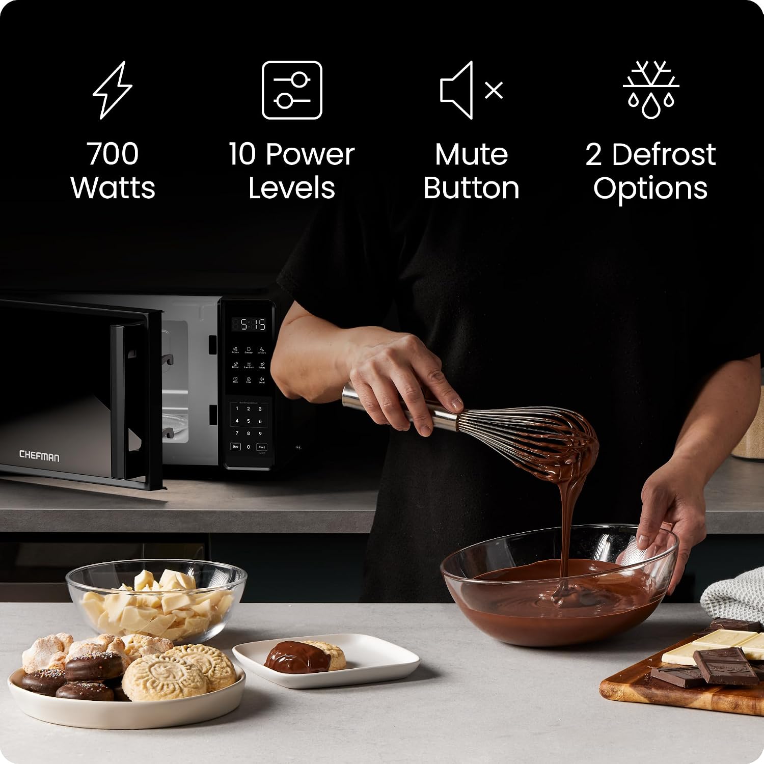 Chefman Countertop Microwave Oven 0.7 Cu700 Watts with 10 Power Levels, 6 Cooking Presets with One-Touch Express Cook, Eco Mode, Child Safety Lock, & Mute Button - Black