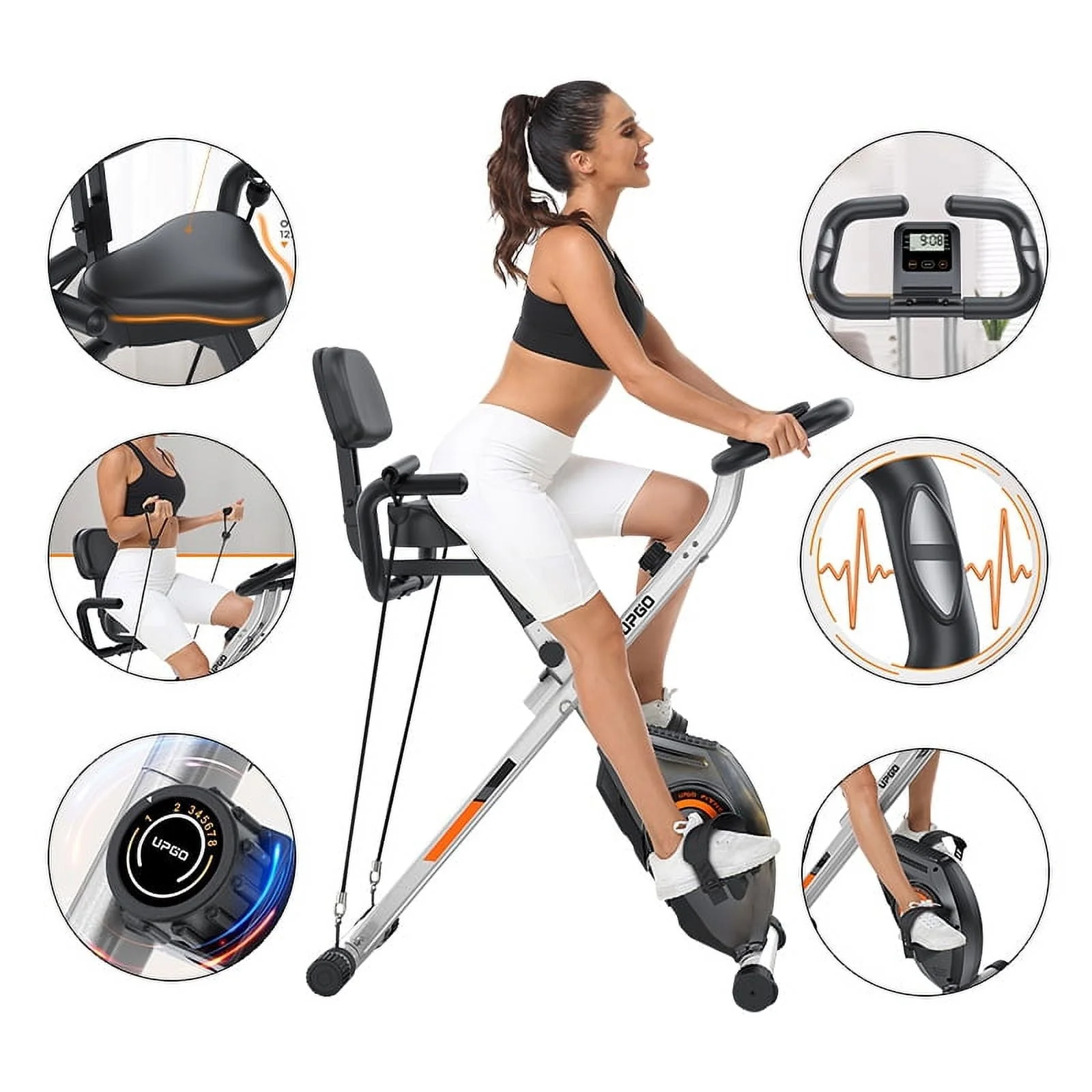 Folding Exercise Bike 4 in 1 Upright Indoor Cycling Bike with 350lbs Capacity Foldable Stationary Bike with Large Comfortable Seat Cushion and Arm Resistance Band, Pulse Sensor Image 5