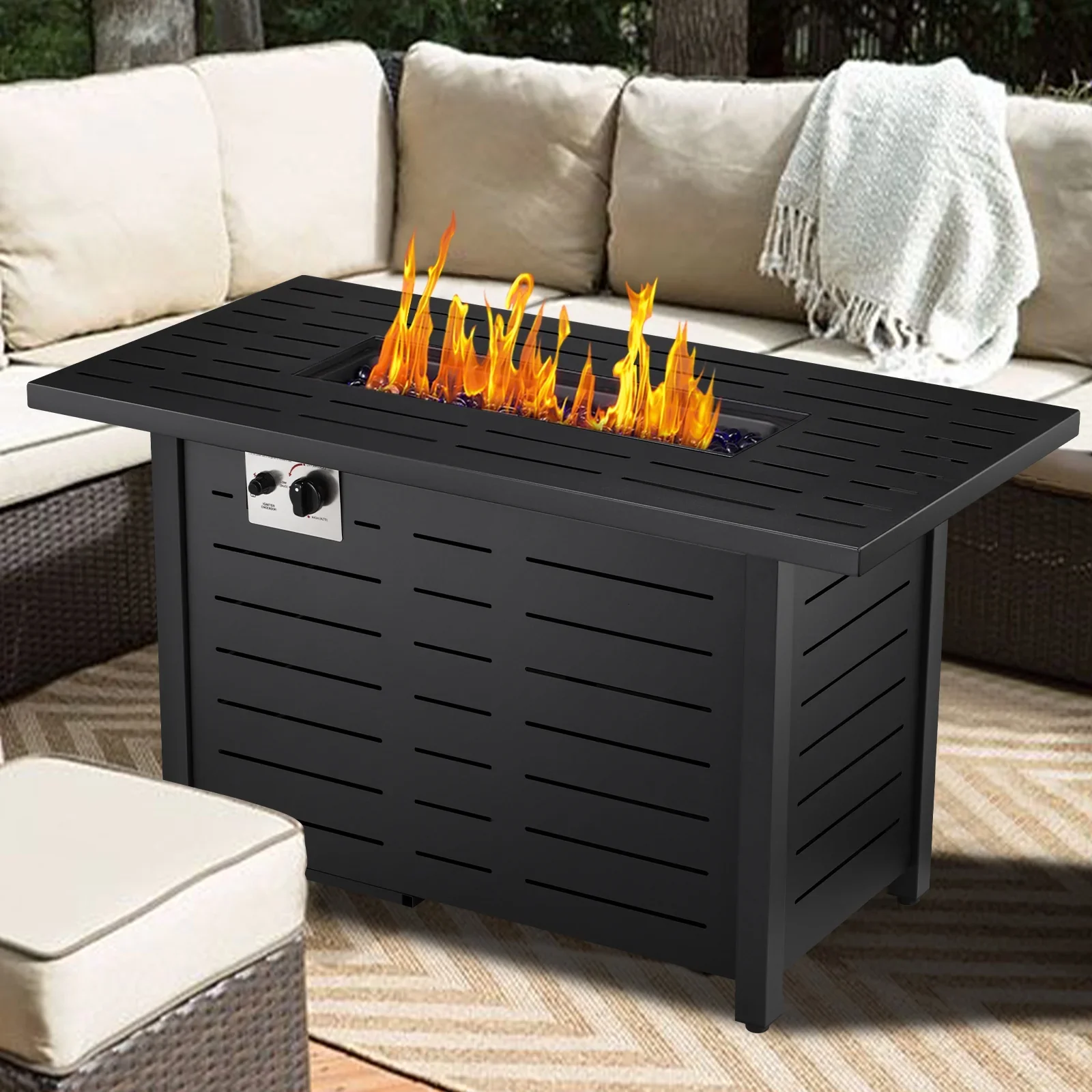 KNDKO 43 Outdoor Propane Fire Pit Table - 50,000 BTU Auto-Ignition Gas Fire Table with Lid, Weather-resistant Backyard Heater for Patio, Deck & Garden