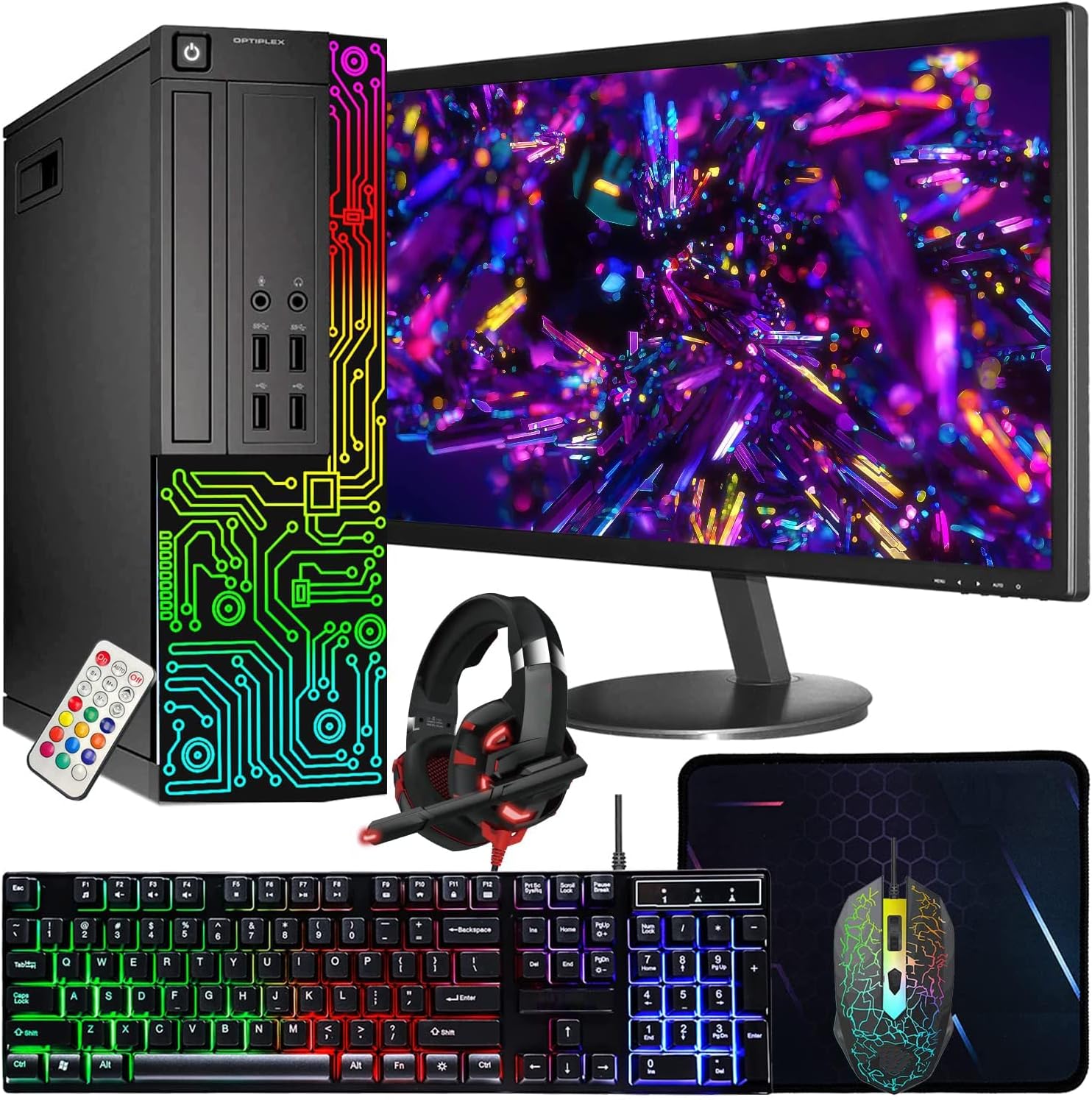 Dell Optiplex Small Desktop Computer (SFF) PC | Quad Core Intel i5 (3.2GHz) | 16GB DDR3 RAM | 512GB SSD | 24 Inch Monitor | RGB Gaming Keyboard & Mouse  Headset | Windows 11 Pro (Renewed)