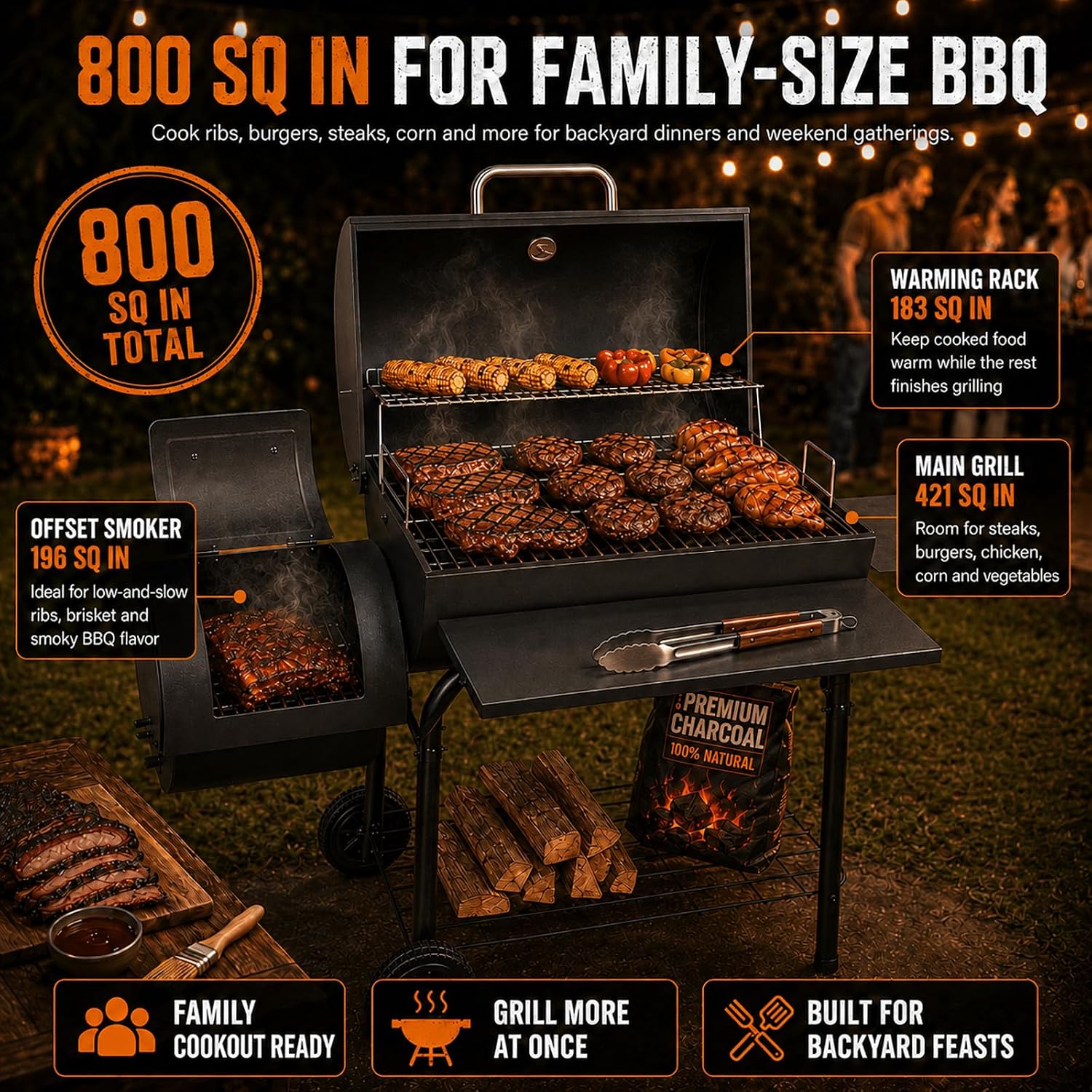 Realcook Charcoal Grill with Offset Smoker: Spacious Barrel Charcoal Grills