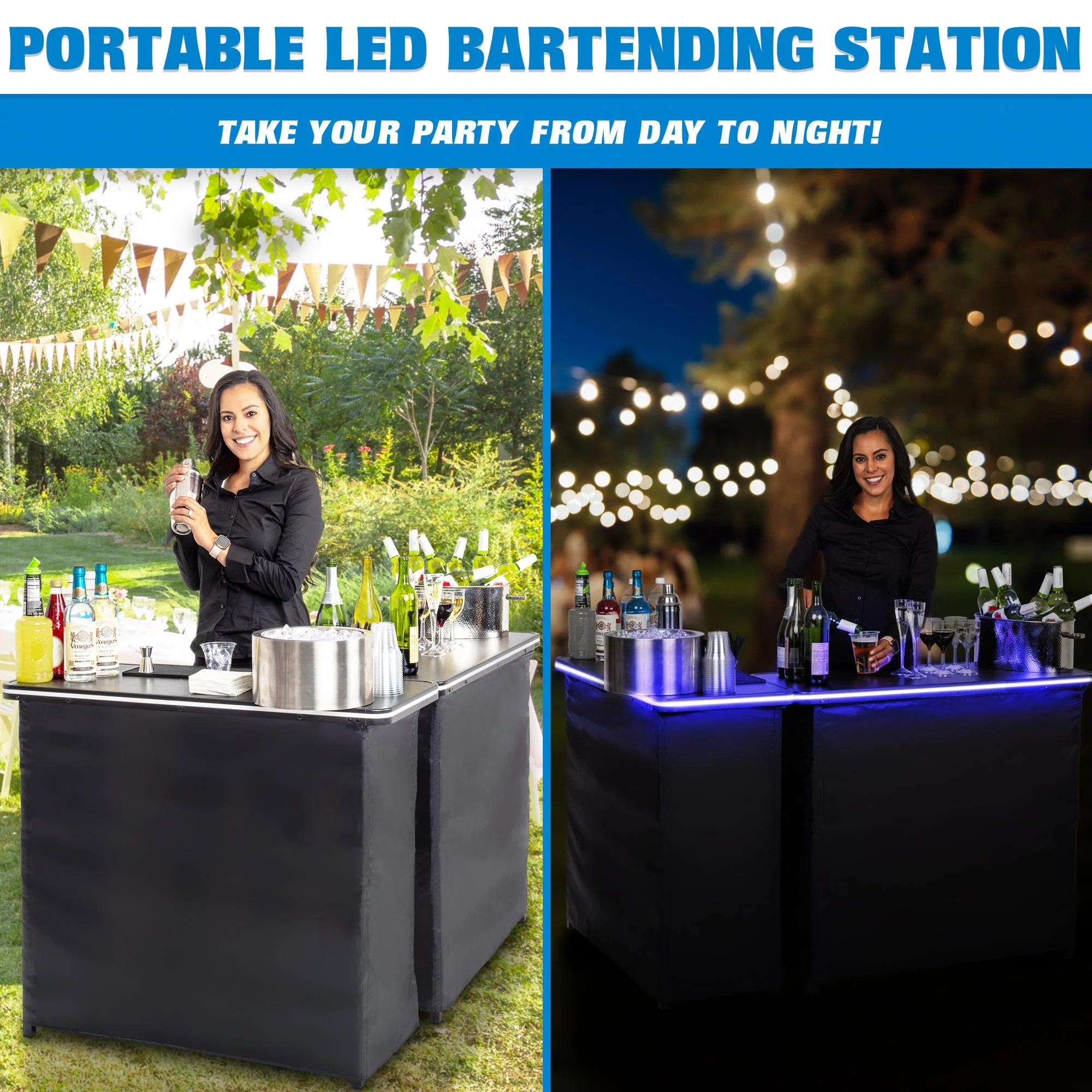 Portable Double Bar Table Set with Multi-Color LED Lights Mobile Bartender Station for Events Includes Carrying Case - Image 3