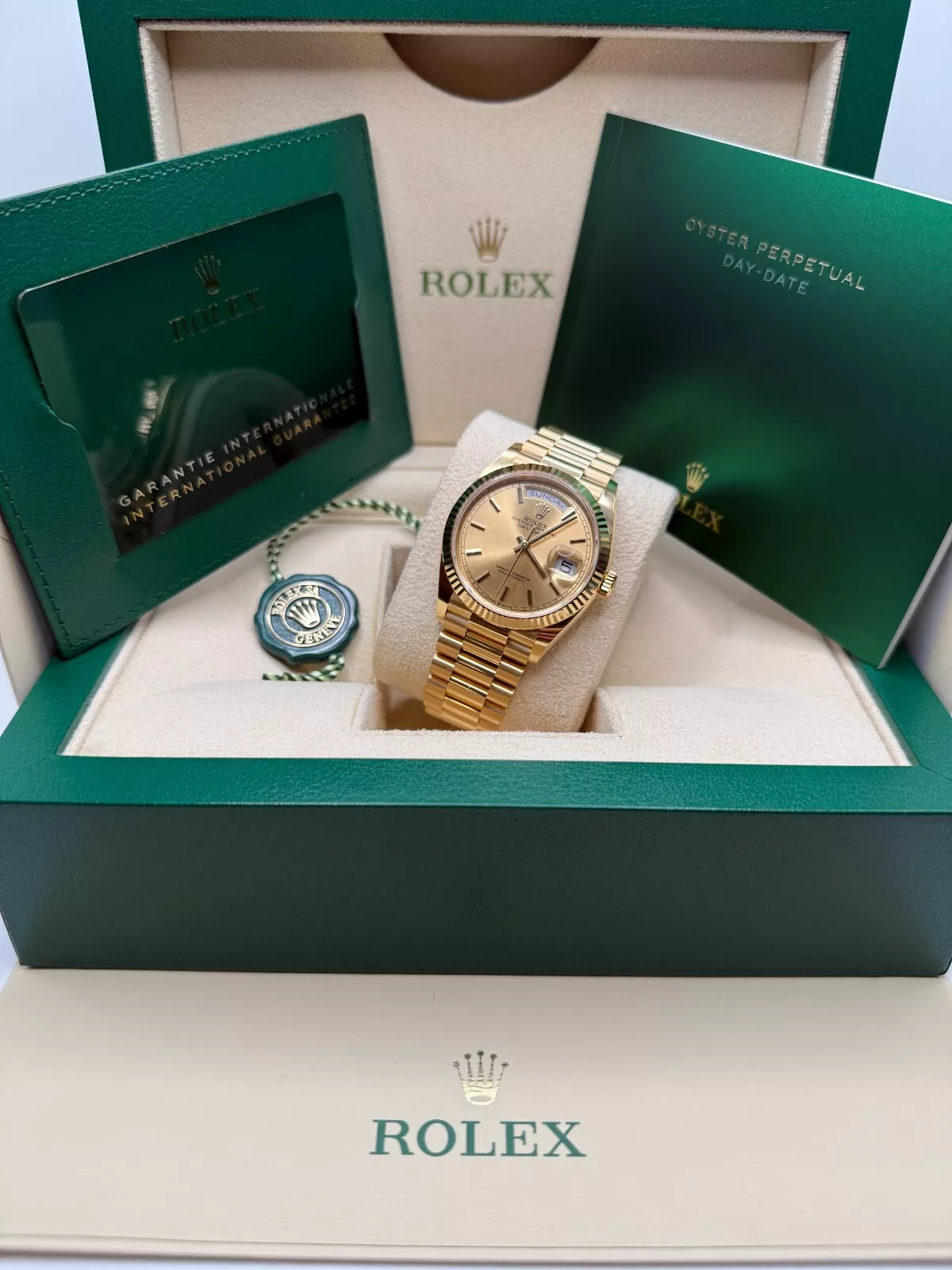 [Super Clone]RLX  Day-Date 36mm 128238-0045 Champagne Dial Yellow Gold President Bracelet Watch